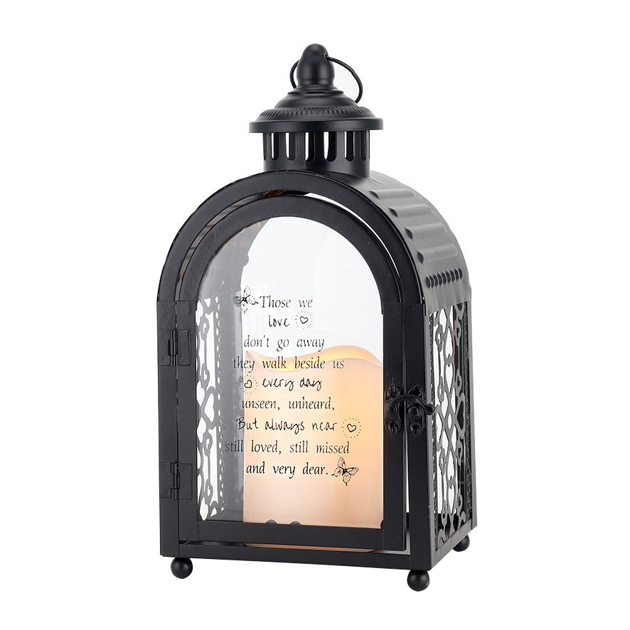 Remembrance lantern by JHY DESIGN, 11-inch black decorative candle lantern with memorial poem and glass panels.