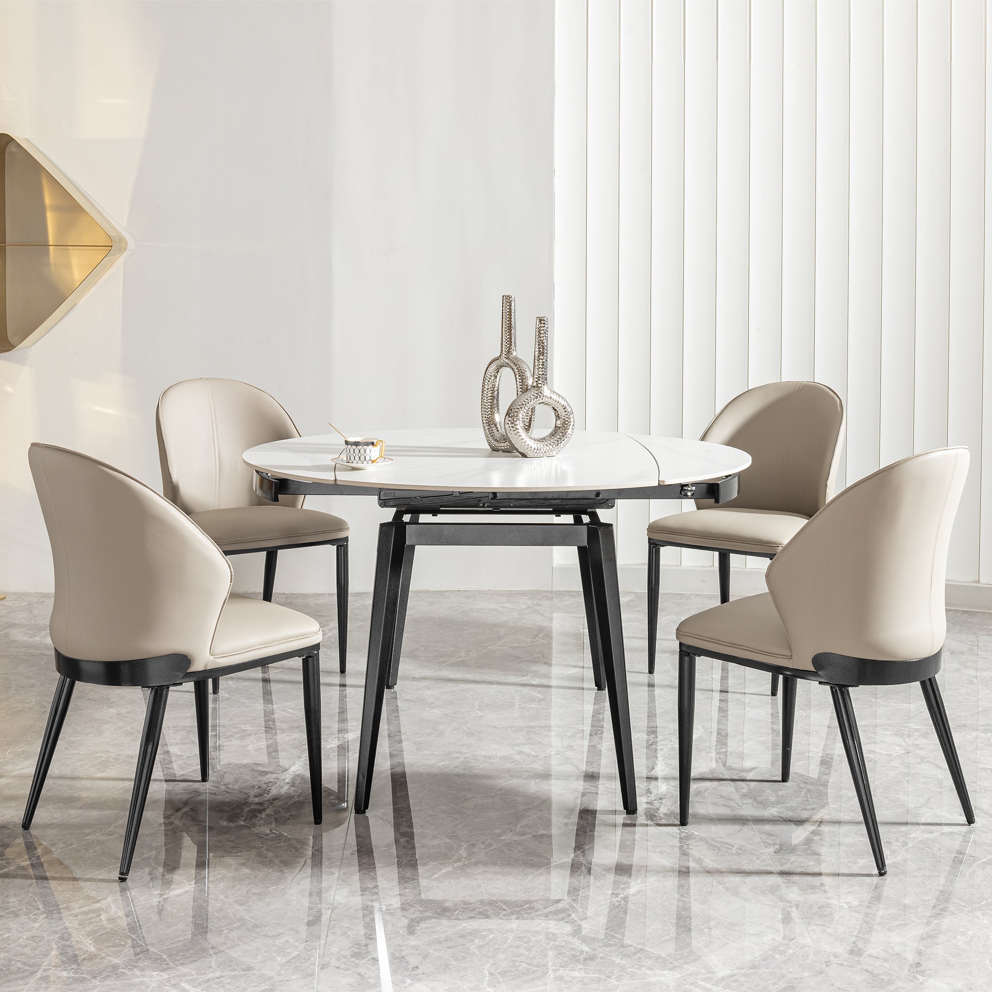 Modern Extendable Round Dining Table with Sintered Stone Top, White & Black, 33.5'' to 51.2''