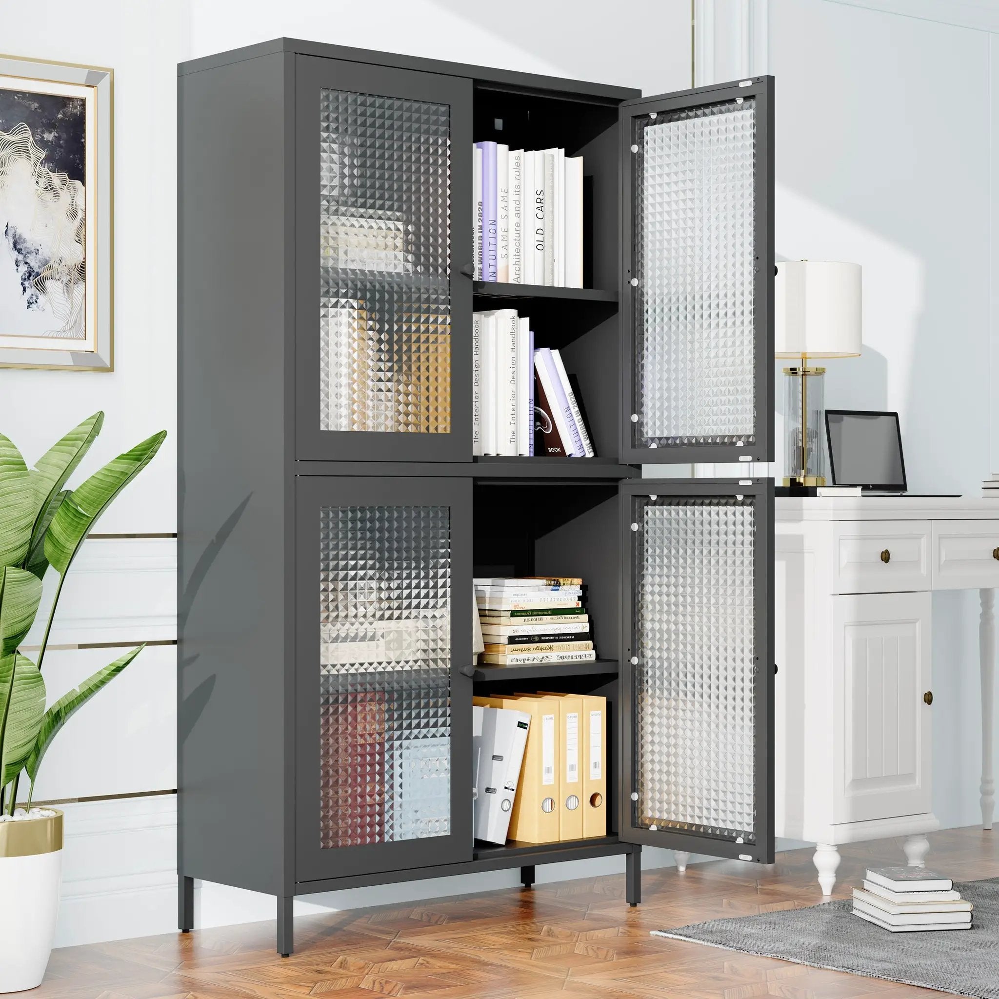 Classic Metal Storage Cabinet Display Cabinet with 4 Glass Doors 4 Shelves Cabinet  Bookcase Side Cabinet for Home Office Living Room Kitchen Hallway - Black, Waffle Grids Tempered Glass