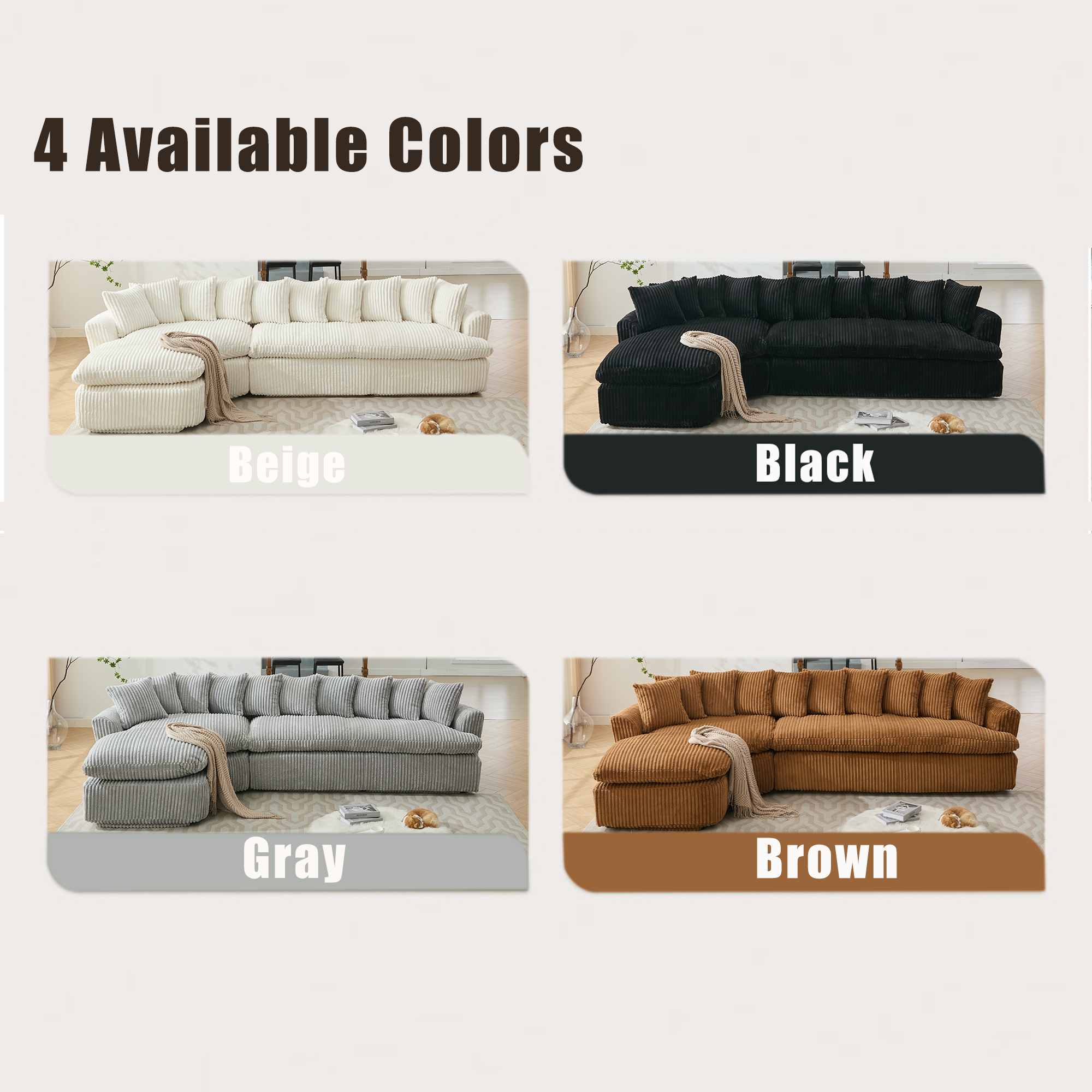 127''  Large Sectional Sofa ,Elegant Curved Design ,High-Resilience Foam ,Ten Back Cushions,L-Shape Left Sofa,No Assembly  Required , (Brown-Soft Corduroy Fabric)