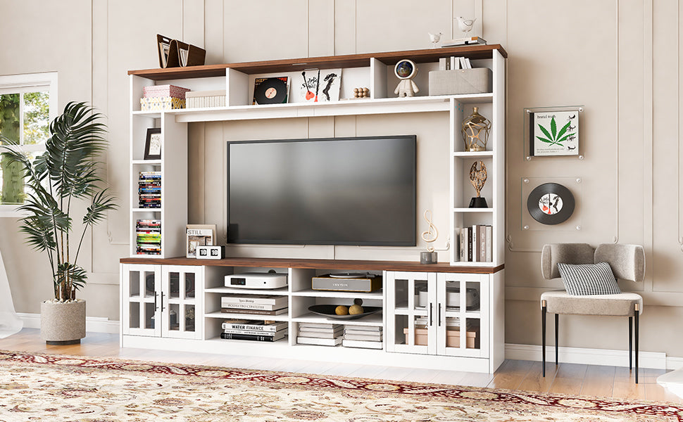 U-Can 95.5' W Wall Unit Entertainment Center with Bookshelves for TVs up to 80', Modern TV Stand Media Console with Cabinets, Tempered Glass Doors and Adjustable Shelves for Living Room