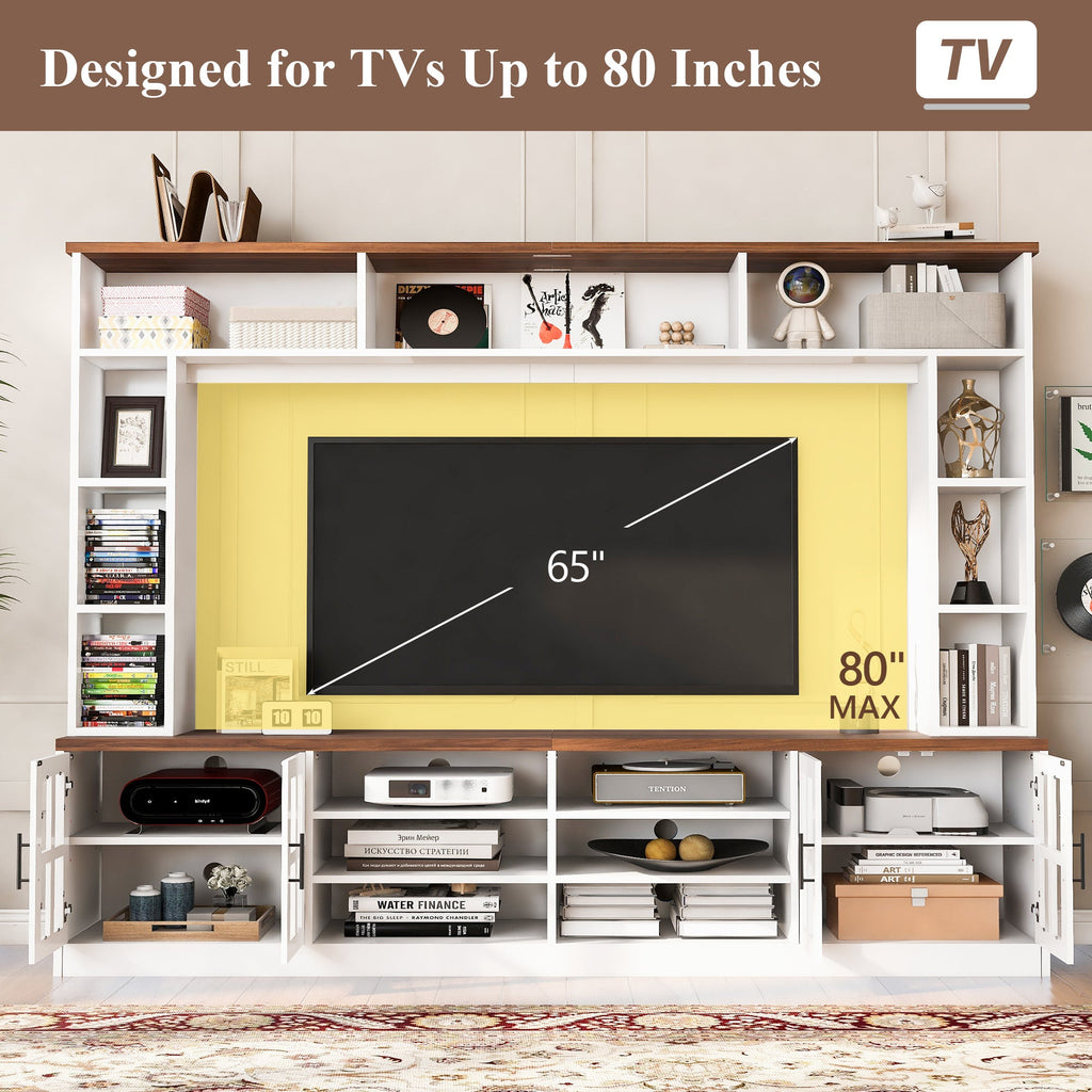 U-Can 95.5' W Wall Unit Entertainment Center with Bookshelves for TVs up to 80', Modern TV Stand Media Console with Cabinets, Tempered Glass Doors and Adjustable Shelves for Living Room
