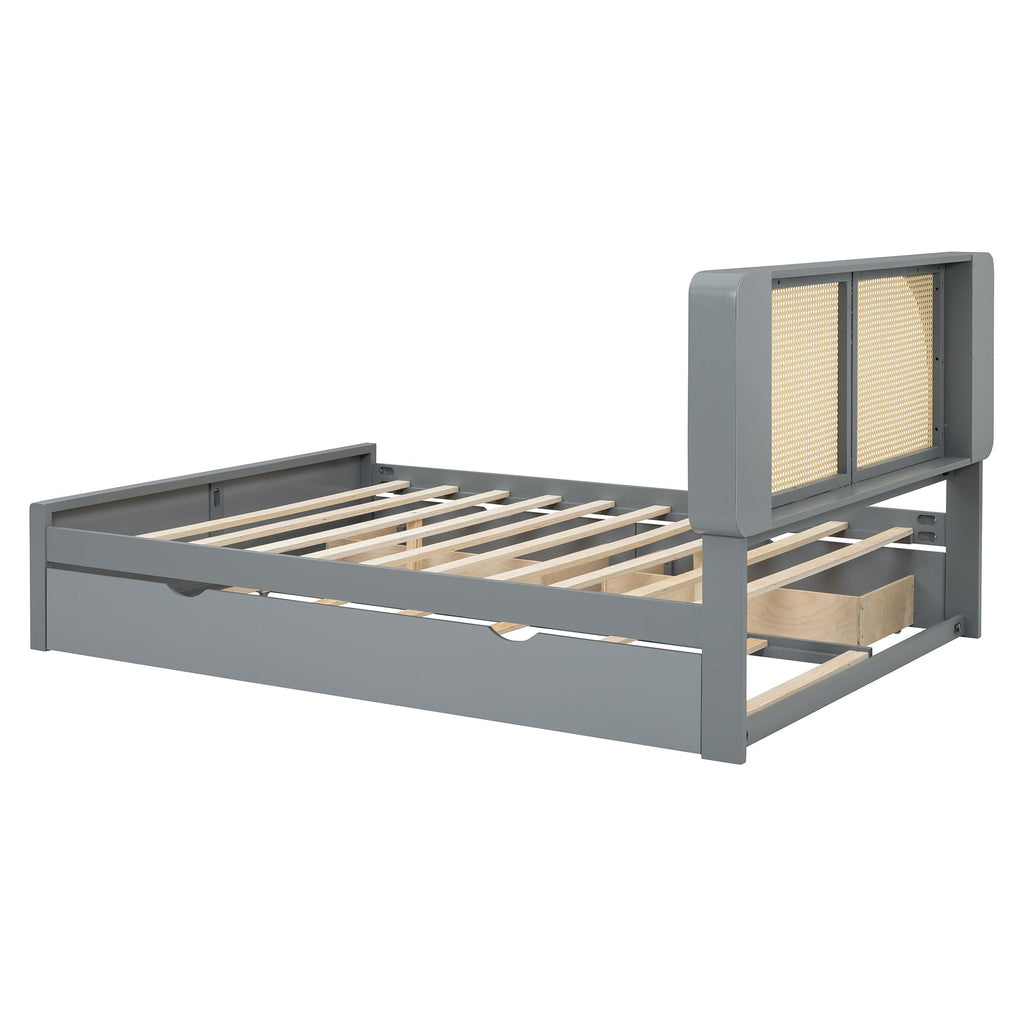 Queen Size Rattan Headboard Bed with Two Drawers and Trundle, Gray