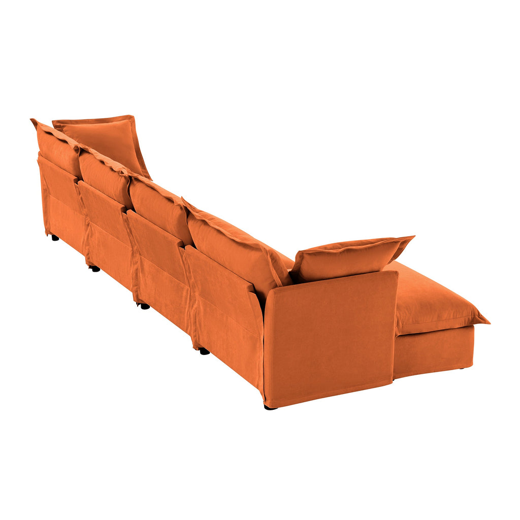 Slipcovered L Shape Sectional Long Sofa Couch, 4 Seater Sofa with Suppleness Armrests, Chenille Deep Seat Sofa with 2 Big Pillows, Comfy Couch for Living Room, Apartment, Chenille Fabric, Orange