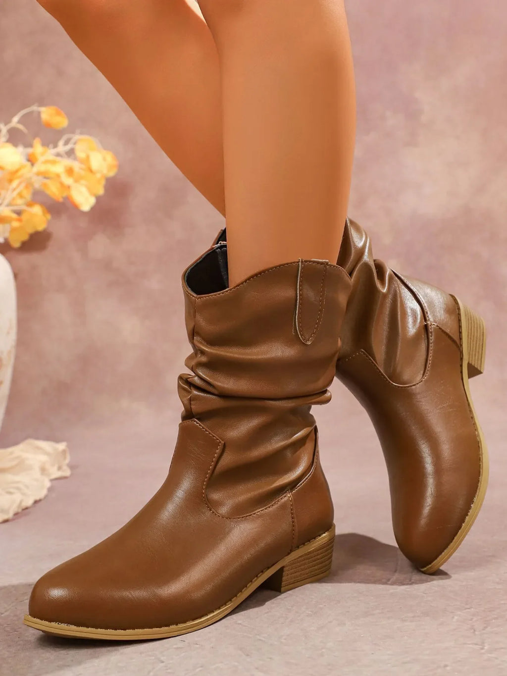 Mid-Calf Western Boots with Block Heels