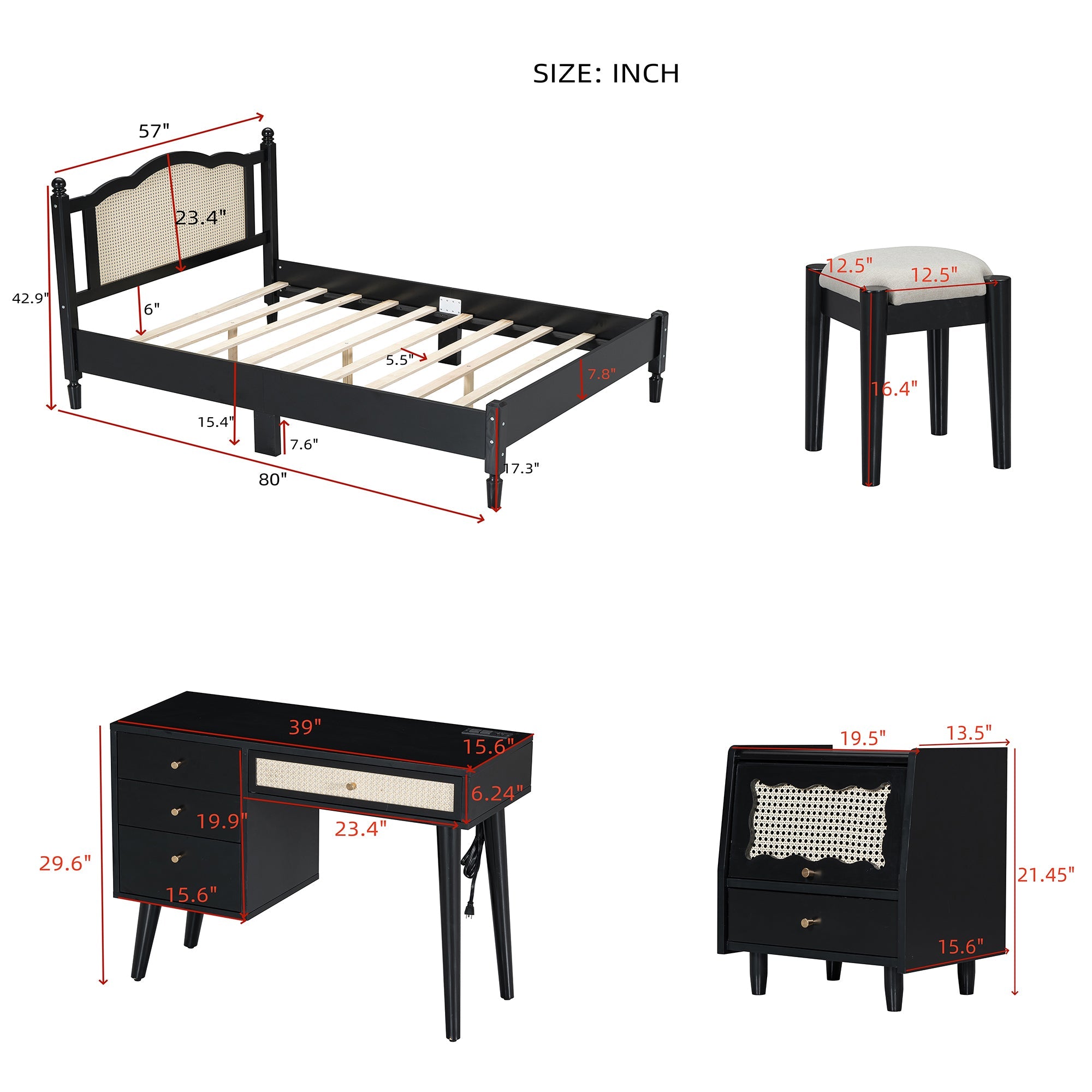 3 Pieces Bedroom Set with Full Size Wooden Bed Frame, 1 Vintage  Nightstand and 1 Makeup Vanity Set with Stool,Black