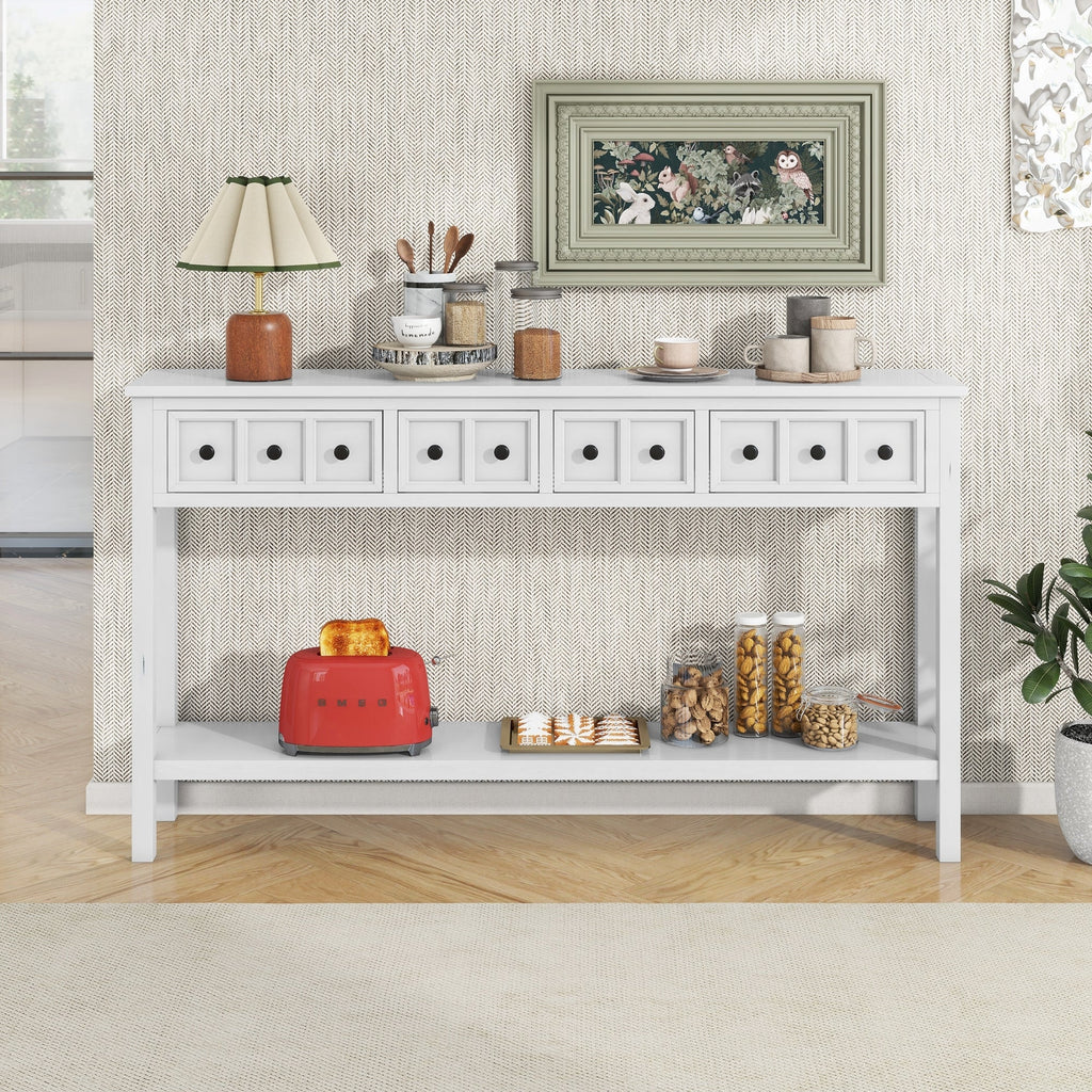 TREXM Rustic Entryway Console Table, 60" Long Sofa Table with two Different Size Drawers and Bottom Shelf for Storage (Antique White)