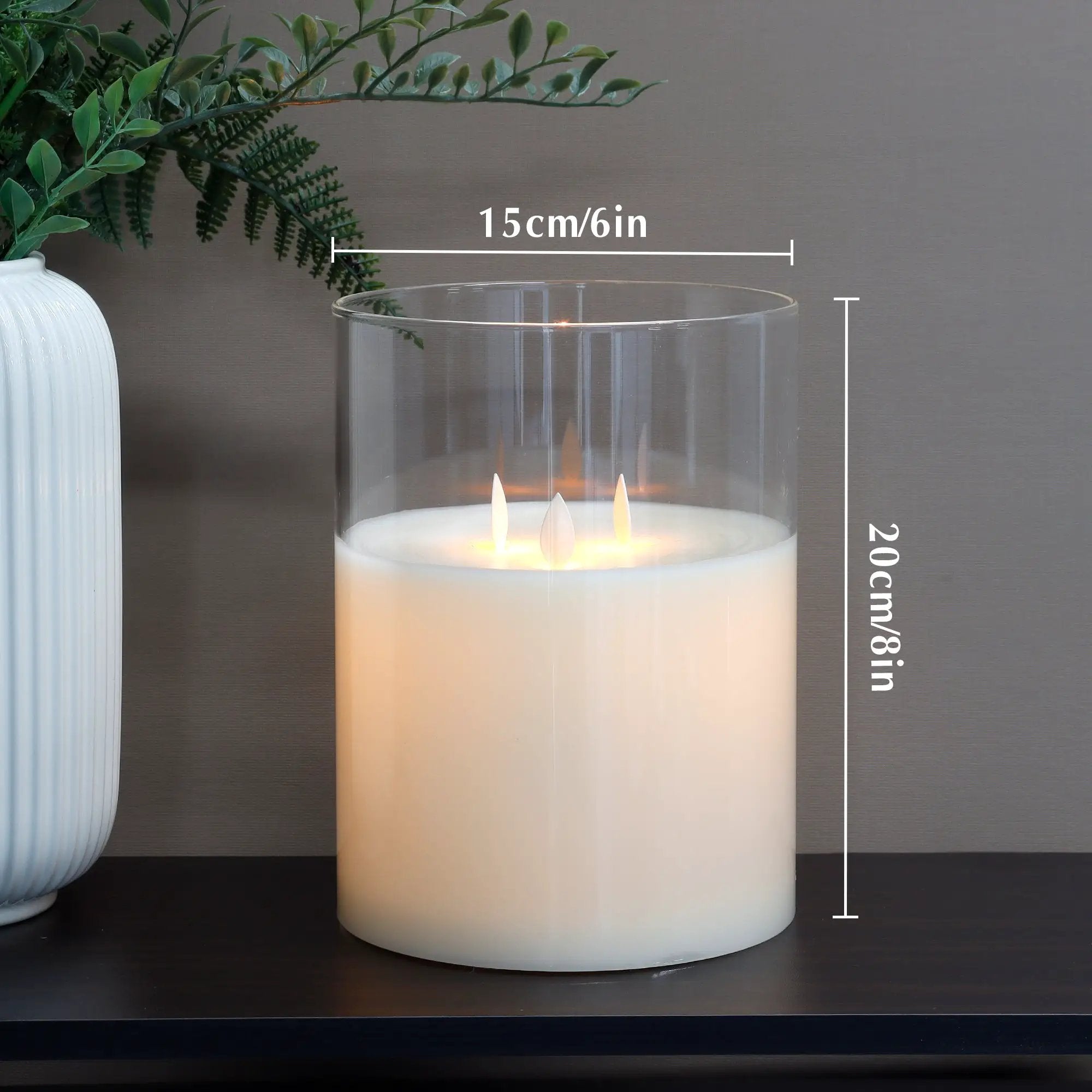 3-wick glass flameless candle, 8-inch, white wax, battery-operated by JHY DESIGN