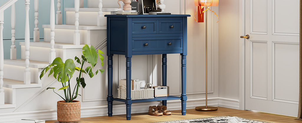 TREXM Narrow Console Table, Slim Sofa Table with Three Storage Drawers and Bottom Shelf (Navy)