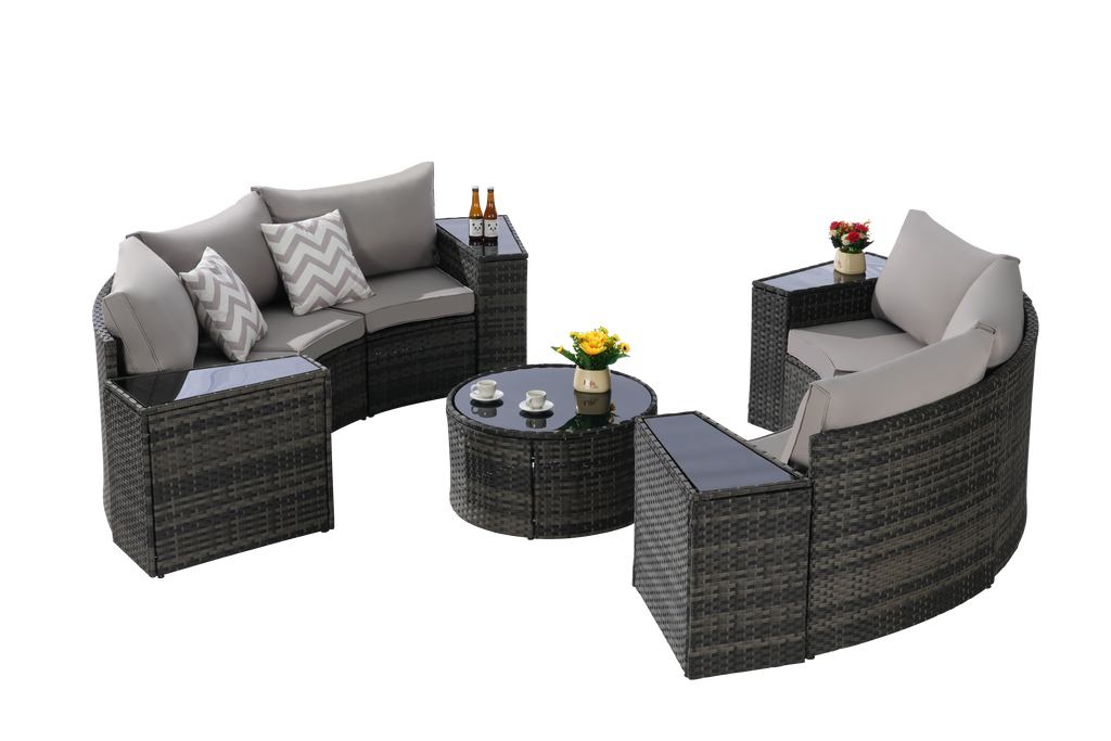 Outdoor Patio Furniture 11-Piece Half-Moon Sectional Round Patio Furniture Set Sofa with Tempered Glass Round Coffee Table