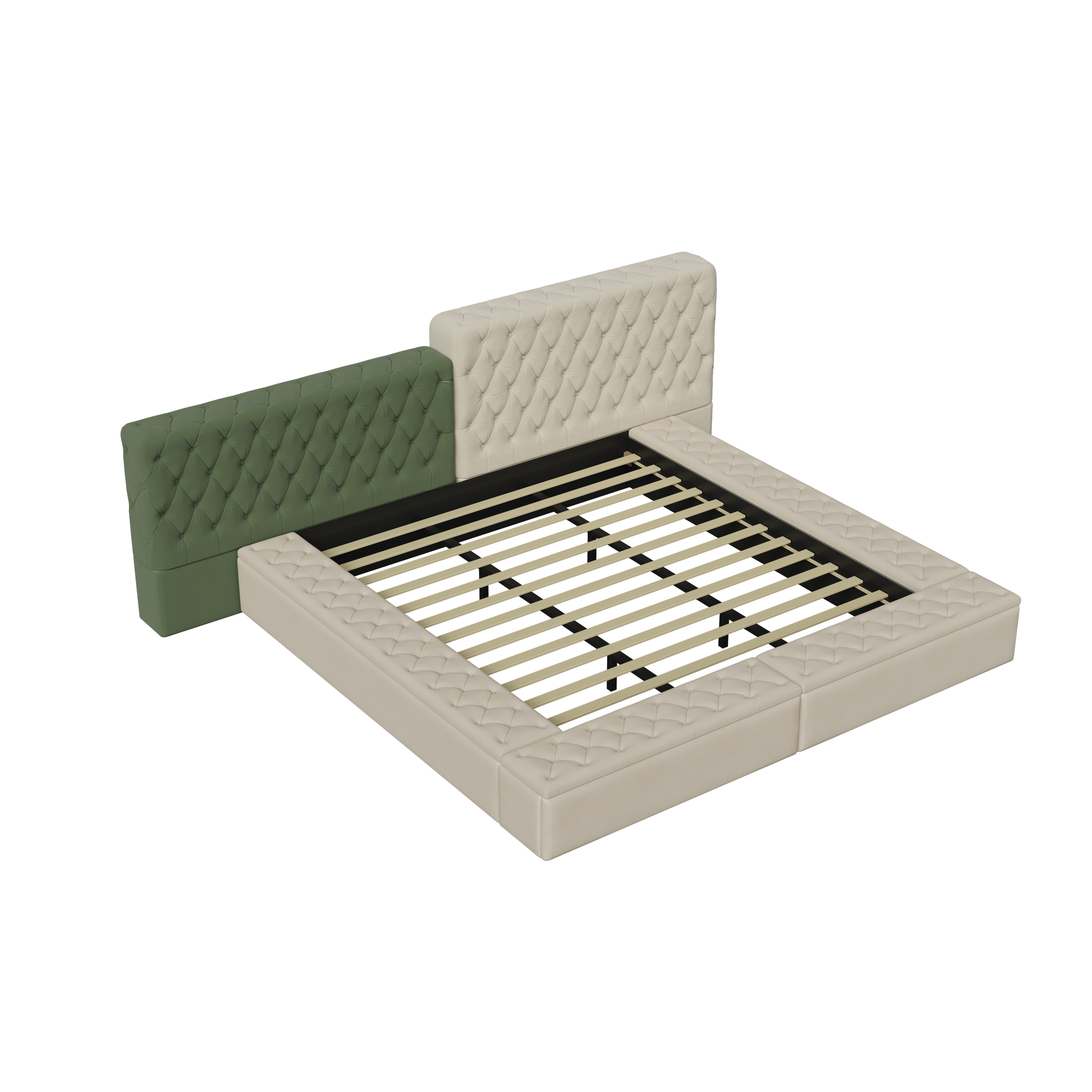 Contemporary Special-shaped Fully Upholstered Bed with Deep Button Tufting and Storage Compartments in Rails and Footboard,No Box Spring Needed,King,Beige