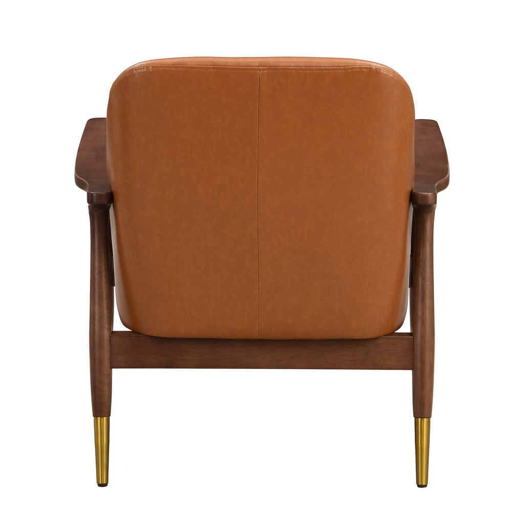 Mid-Century Faux Leather Accent Chair with Cushioned Seat, Solid Wood Frame, Brass-Tipped Legs, Brown