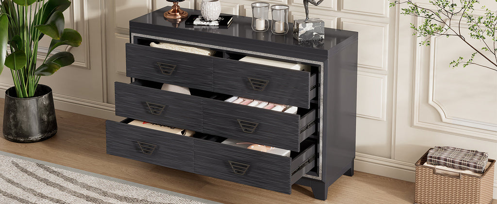 Elegant Dresser with Metal Handle and Sparkling Shiny Decoration, Storage Cabinet with 6 Drawers for Bedroom, Living Room, Black