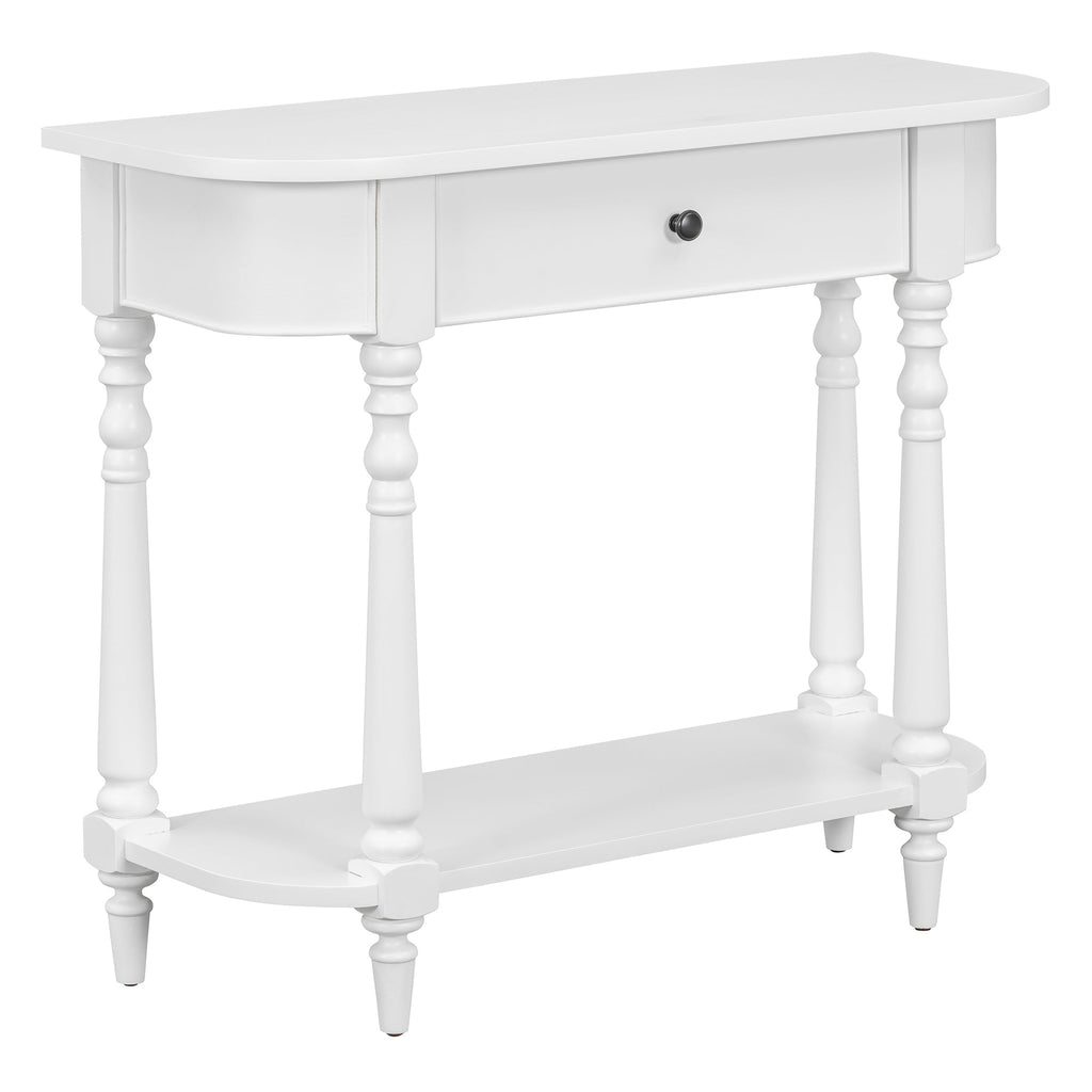 TREXM Narrow Console Table with Curved Corner, Retro Entryway Table with Top Drawer and Open Shelf, Sofa Table Console Tables for Entryway, Hallway and Living Room (White)