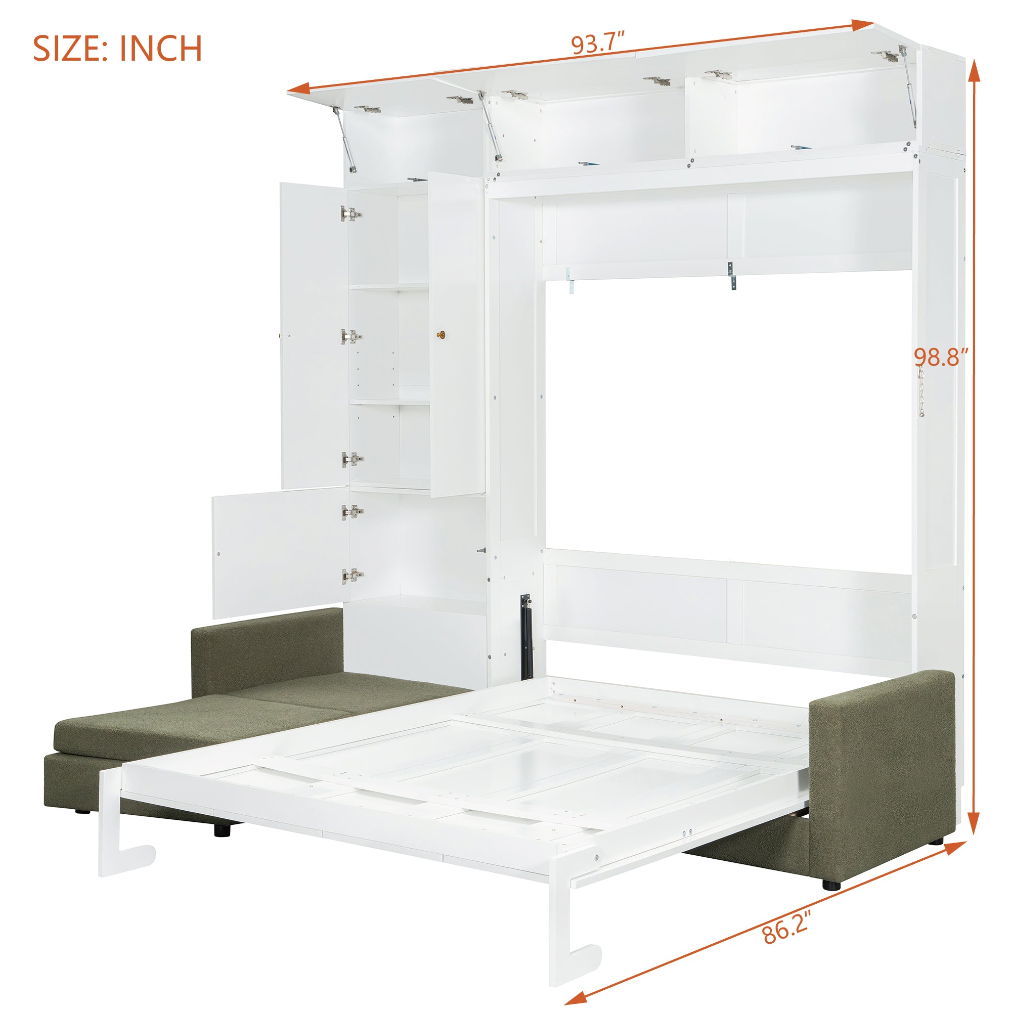 Queen Size Murphy Bed Wall Bed with Sofa and Shelves,White Panel, Green Sofa