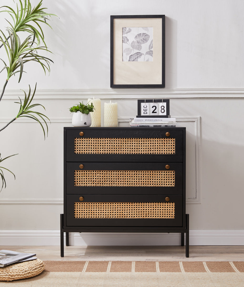 Rattan Storage Cabinet with 3 Large Drawers, Boho Mid-Century Wooden Nightstand Drawer Dresser, Sideboard Buffet Cabinet with Storage for Living Room Dining Room Hallway Bedroom, 30×15.8×30 Inches