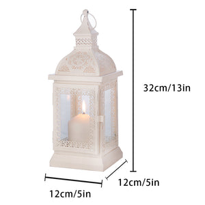 Rustic metal decorative candle lantern in white with tempered glass panels, 32 cm tall