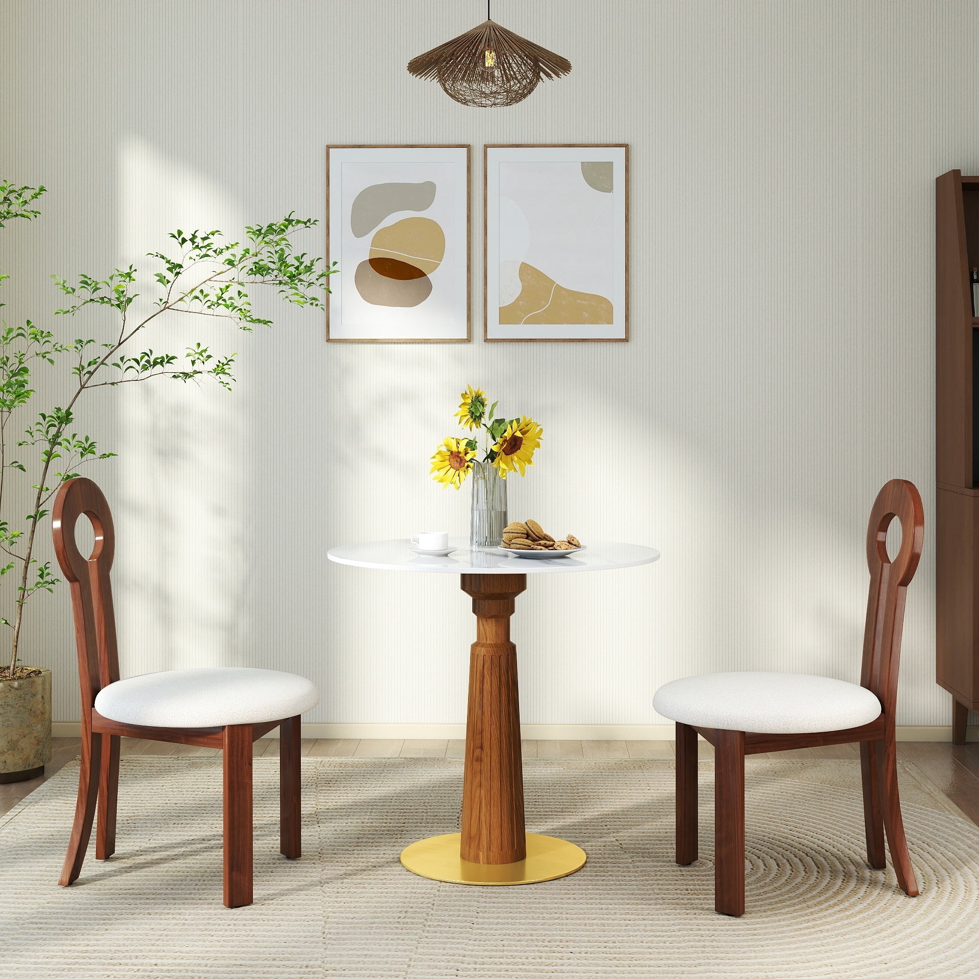 Modern Round Dining Table, 33.5' Sintered Stone Table with Wooden Leg & Gold Base, 2 - Person Kitchen Table for Small Space, 150lbs Weight Capacity(Only the Negotiation Table)