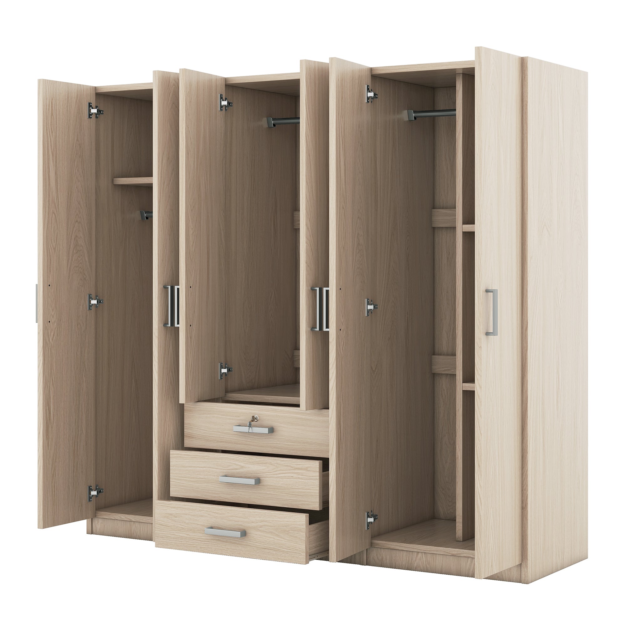 6-Doors Wooden Wardrobe Storage for Bedroom, with Big Drawers, Gray