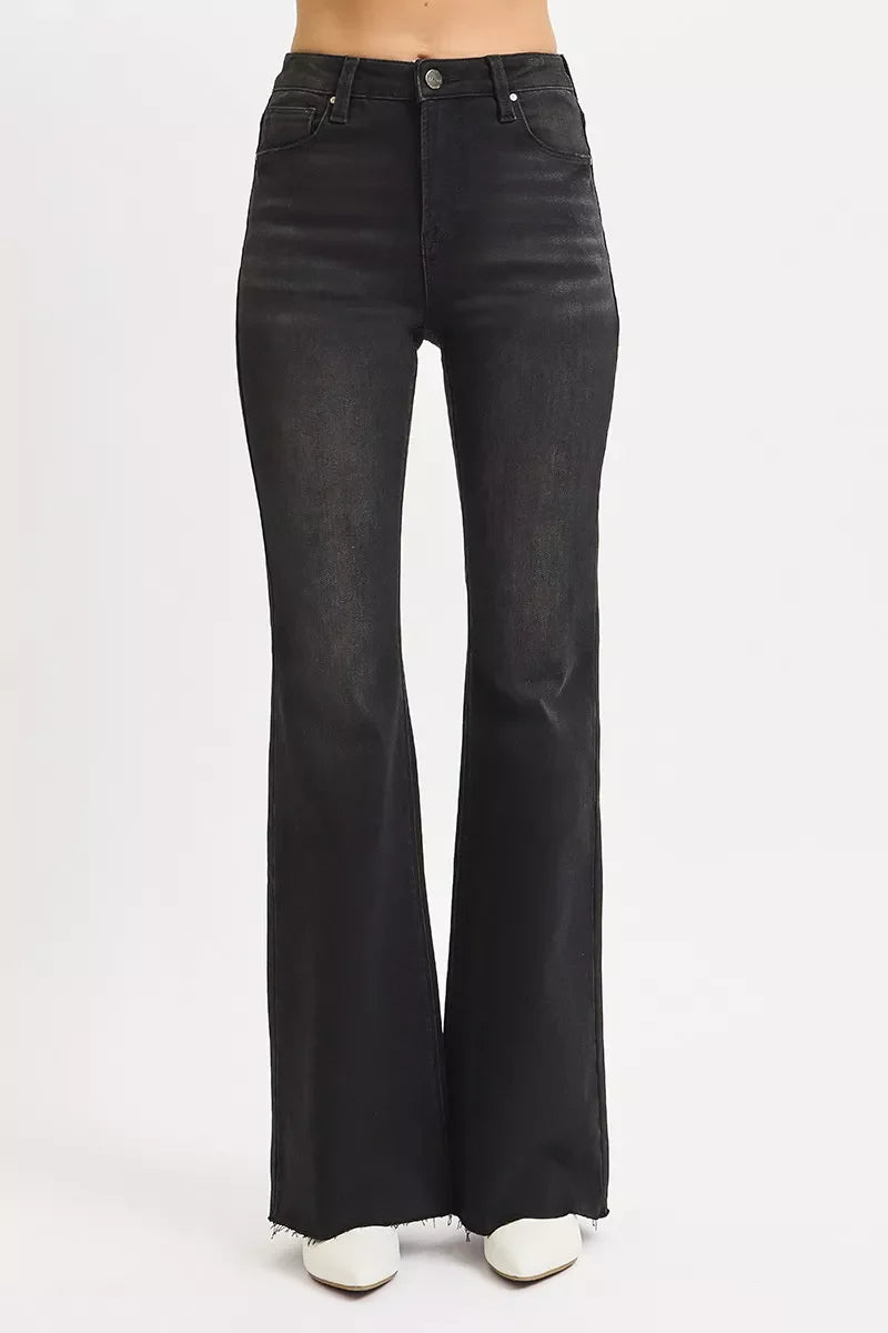 RISEN Full Size High Rise Flare Raw Cut Hem Jeans Plus Size