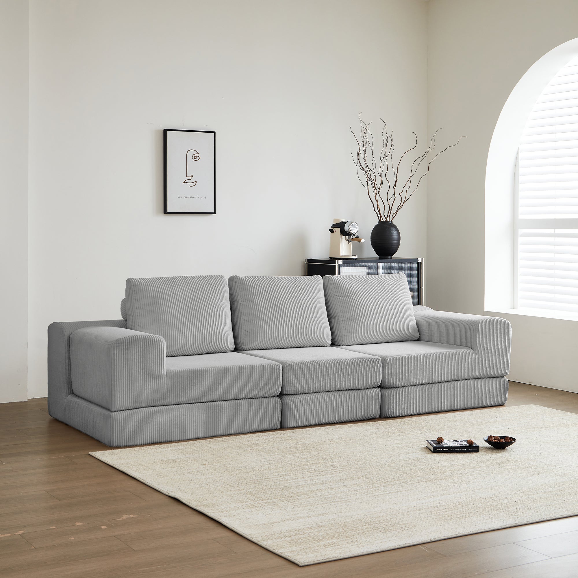 108'' Modular Sectional 3-Seater Cloud Sofa,Corduroy Convertible Sofa Bed