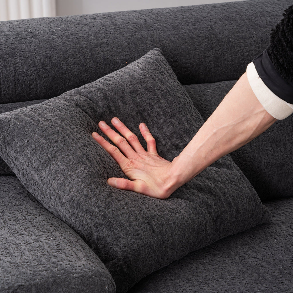 LY-029 GRAY COMPRESSION SOFA: 4-seater combined sofa, Wood Grain Chenille fabric, full sponge compression sofa,combined sofa with 2 pillows  for living/ Home Furniture/ Apartment