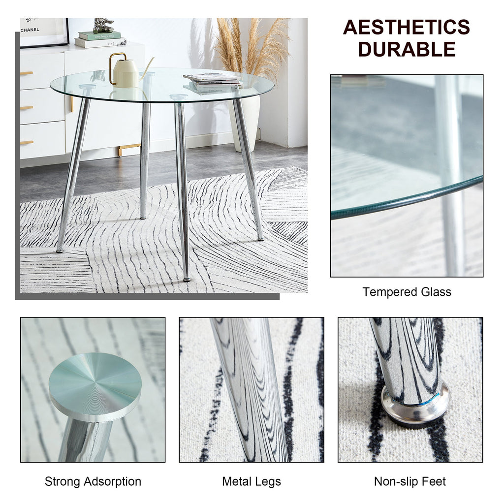 A glass tabletop with a diameter of 40 inches and a modern minimalist circular dining table with silver metal legs.Suitable for living rooms, and conference rooms.W1151S03392