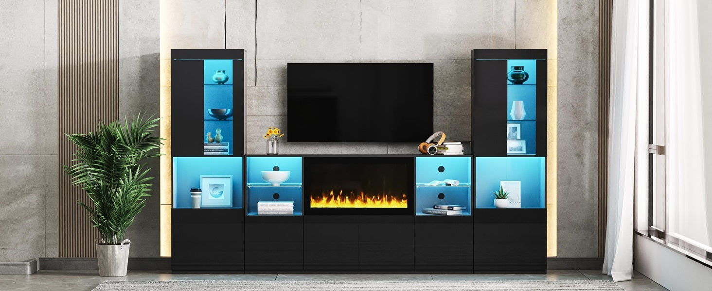 ON-TREND Modern TV Stand with 34.2' Non-heating Electric Fireplace, High Gloss Entertainment Center with LED Lights, Media Console with Tempered Glass Shelves for TVs up to 75', Black