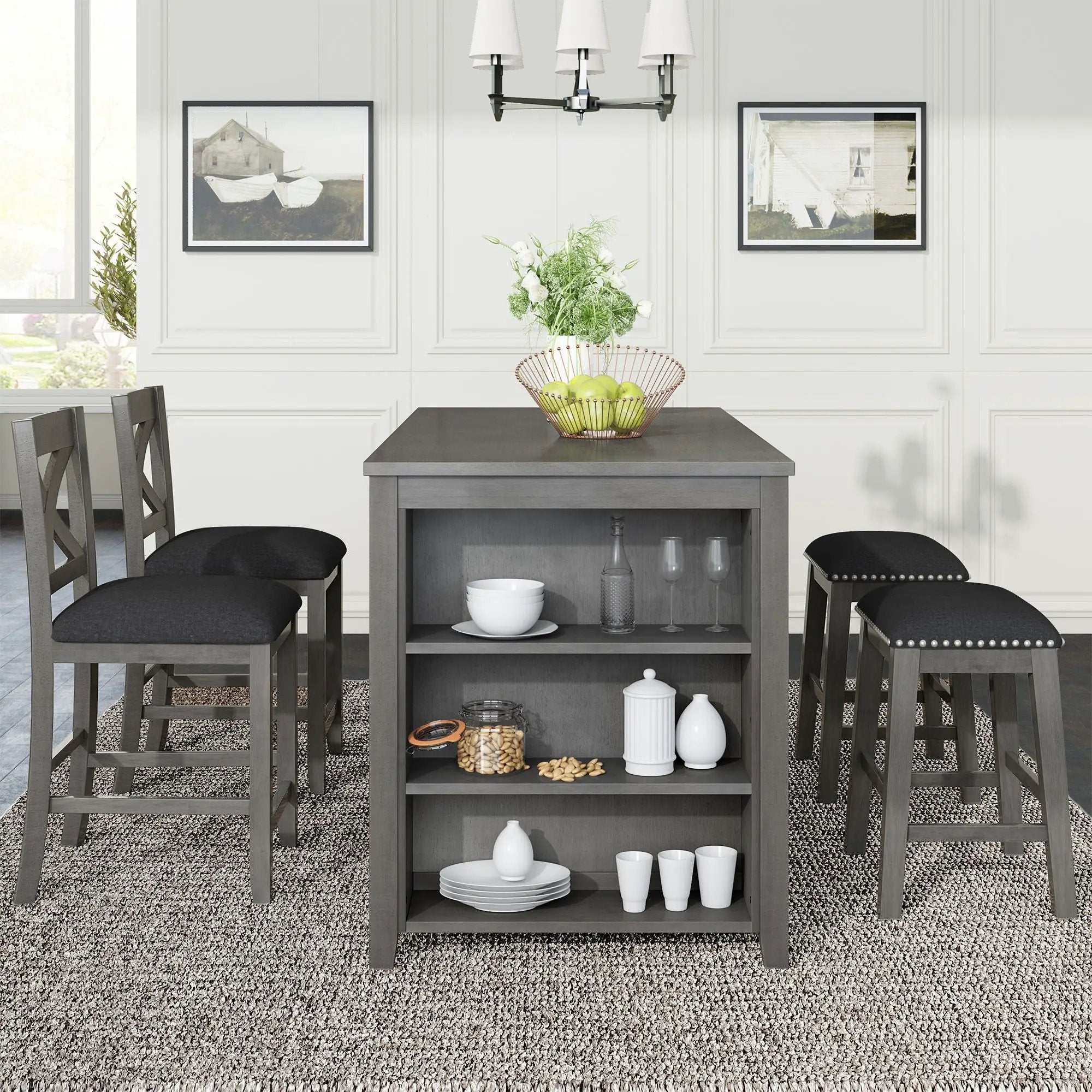 5 Pieces Counter Height Rustic Farmhouse Dining Room Wooden Bar Table Set With 2 Stools And 2 Chairs