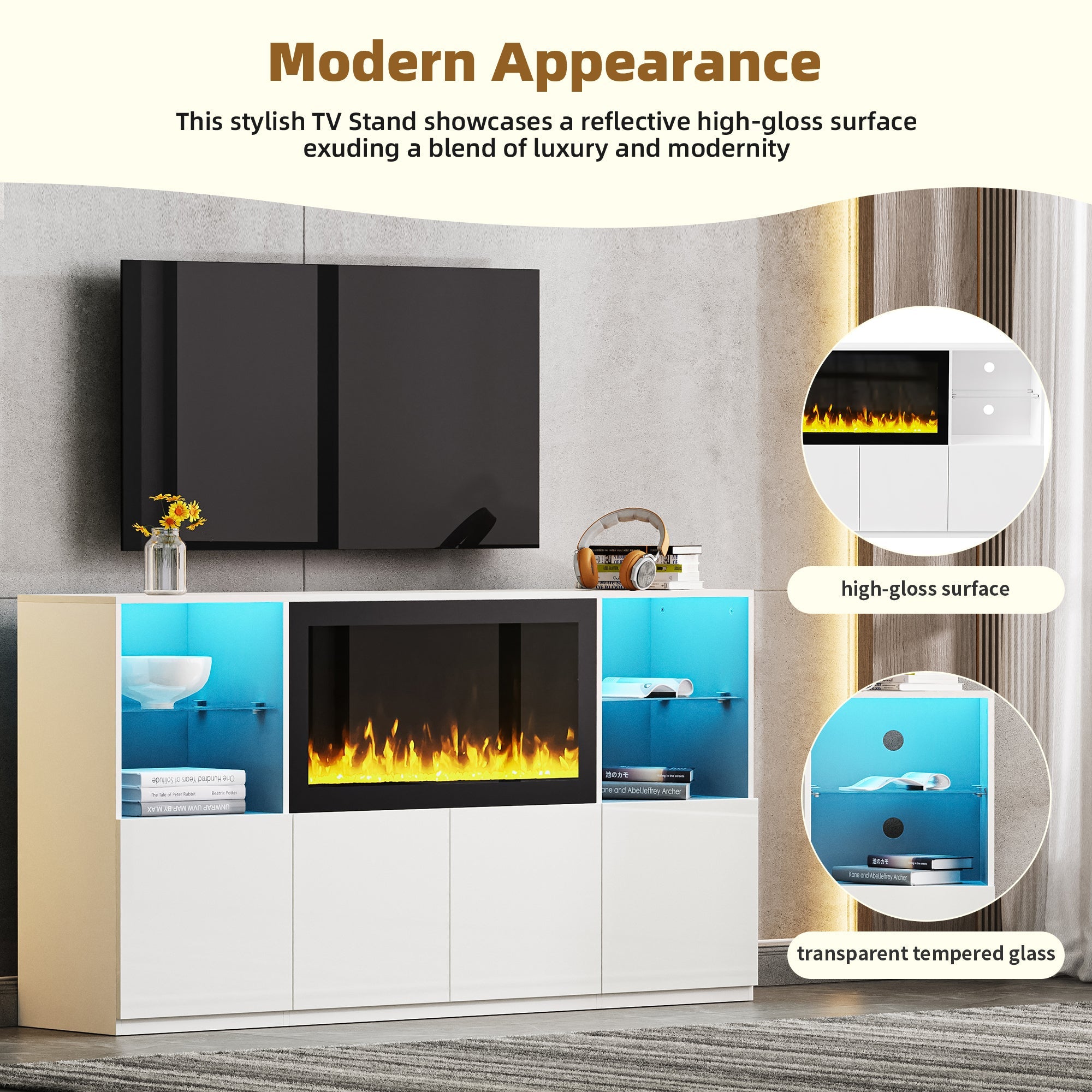 ON-TREND Modern TV Stand with 34.2' Non-heating Electric Fireplace, High Gloss Entertainment Center with LED Lights, Media Console with Tempered Glass Shelves for TVs up to 75', White