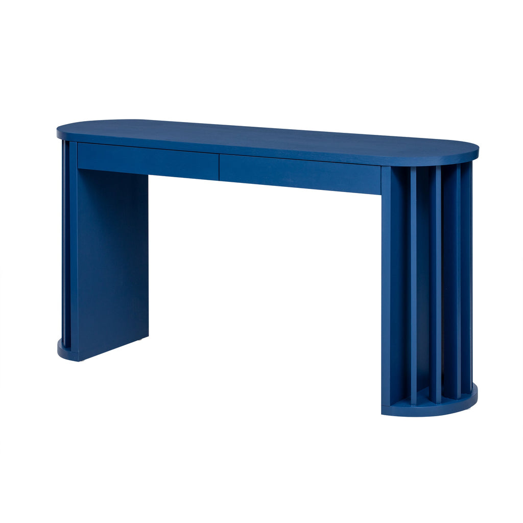 U_Style 59-inch Long Console Table,Oak Veneer Sofa Table,Curved and Straight Line Design,Behind the Couch, Farmhouse Entryway Table for Entrance, Hallway, Living Room (Navy Blue)