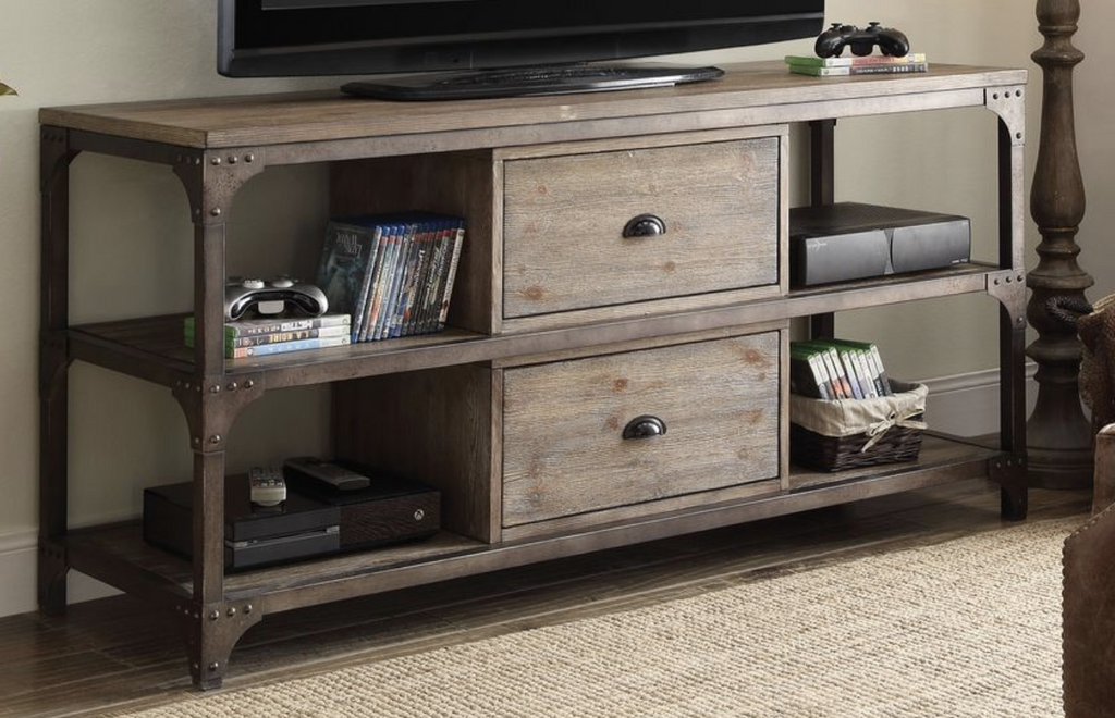 Gorden Weathered Oak Finish & Antique Silver Metal TV Stand