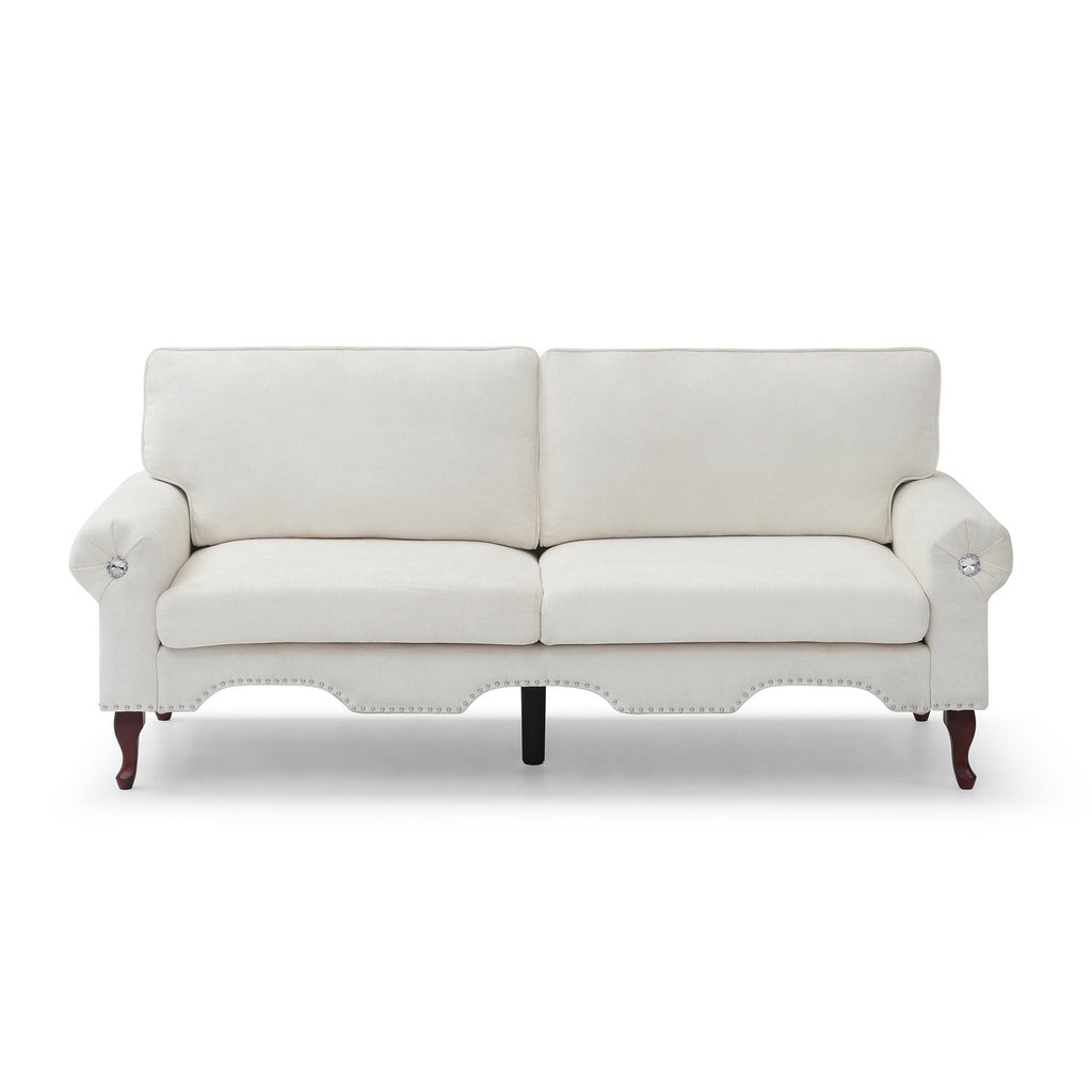 80-Inch Modern Velvet 3 seat Sofa with Wooden Legs & Crystal button and Copper Nail, Tufted Backrest, Perfect for Living Room, Bedroom, or Office (Beige)