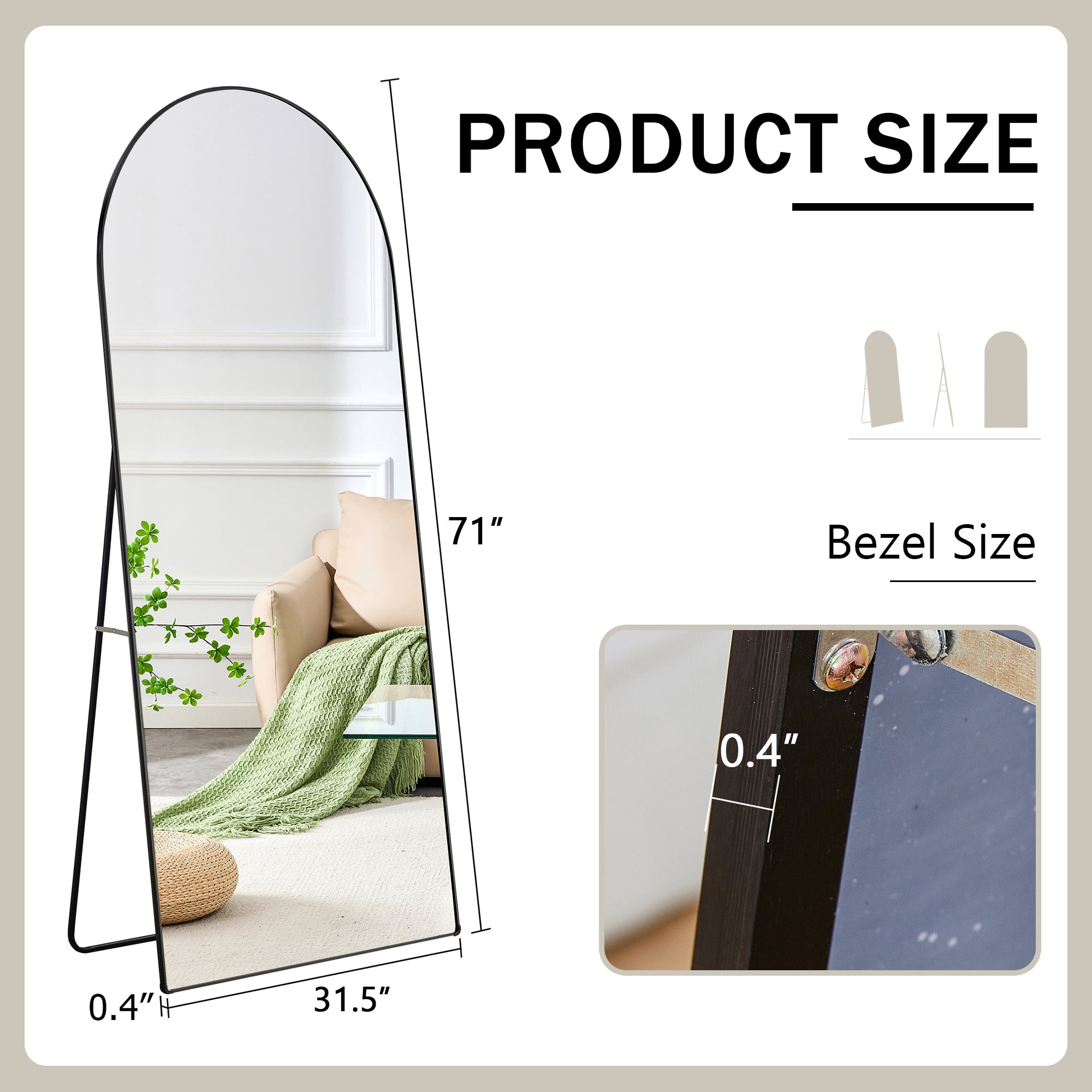 The 4th generation floor standing full-length rearview mirror. Black metal framed arched wall mirror, bathroom makeup mirror, floor standing mirror with bracket. Black 71 "* 31"  AM