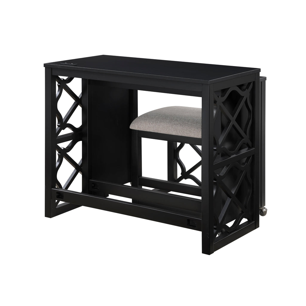 Desks and Stool Set 3pc Black Finish Rolling Desk with Casters, 2 Charging ports Home Office Furniture