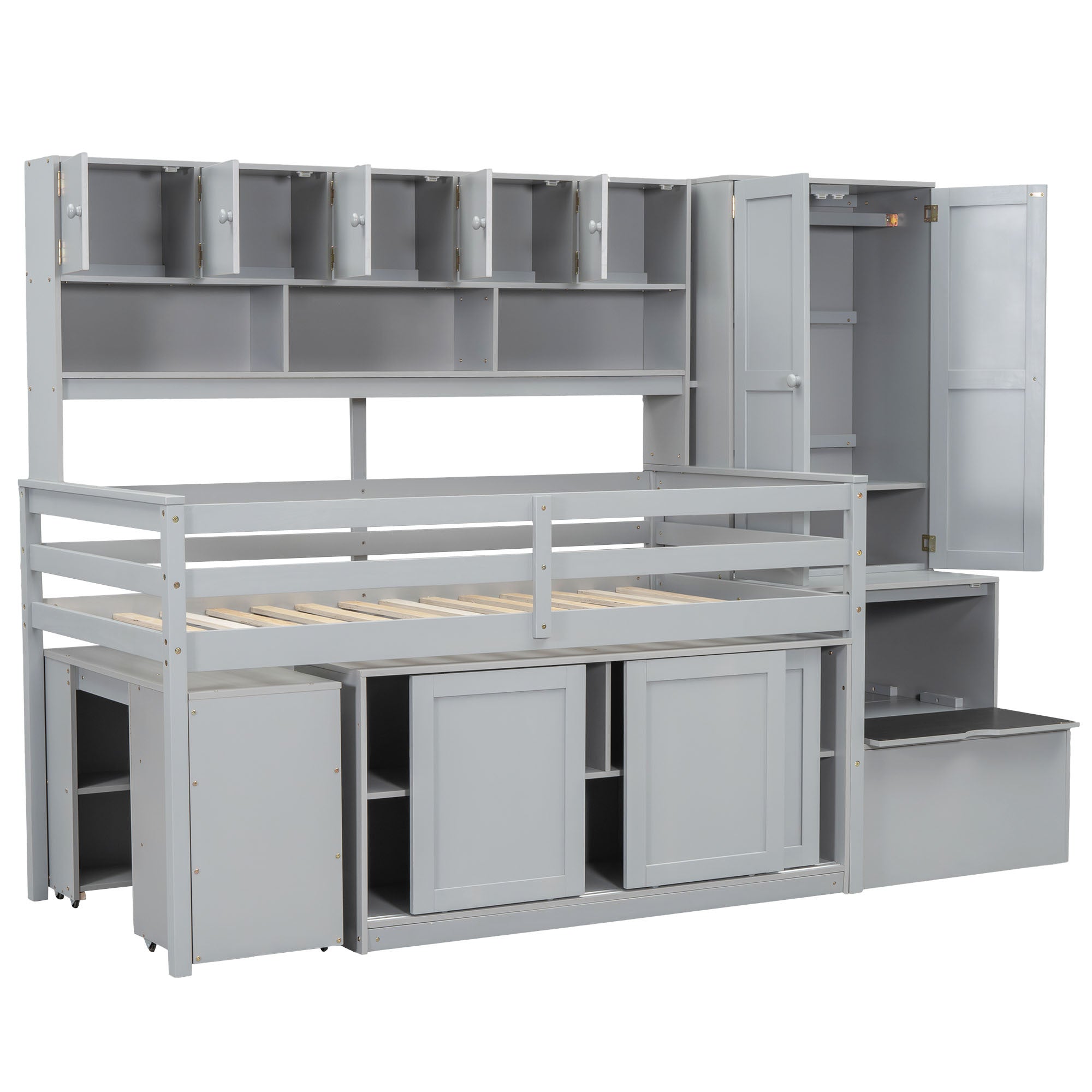 Twin Size Wooden Loft Bed Big Storage with Under-bed Desk, with Drawers, with Shelves, Gray