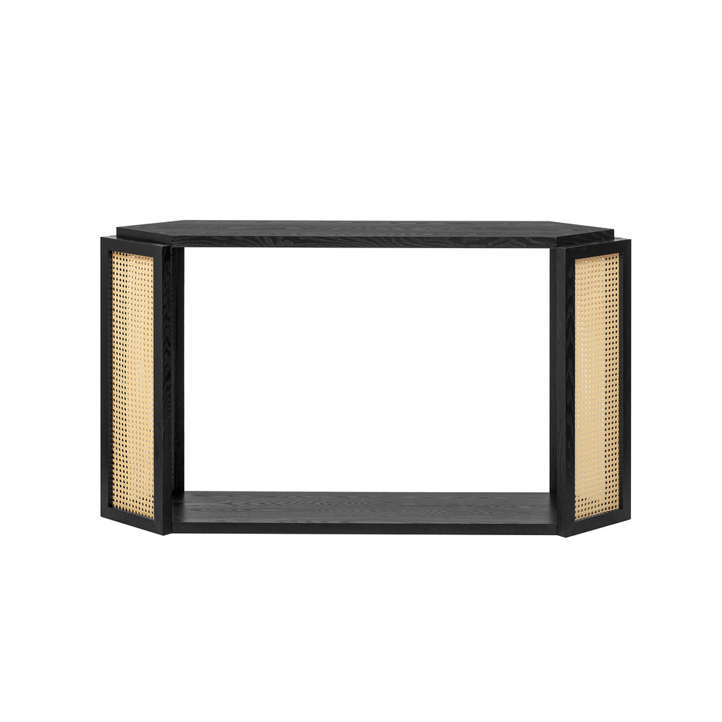 TREXM Narrow Console Table with Unique Irregular Top Design, Entryway Table with Open Shelf, Rattan Sofa Table for Living Room Hallway and Entrance (Black)