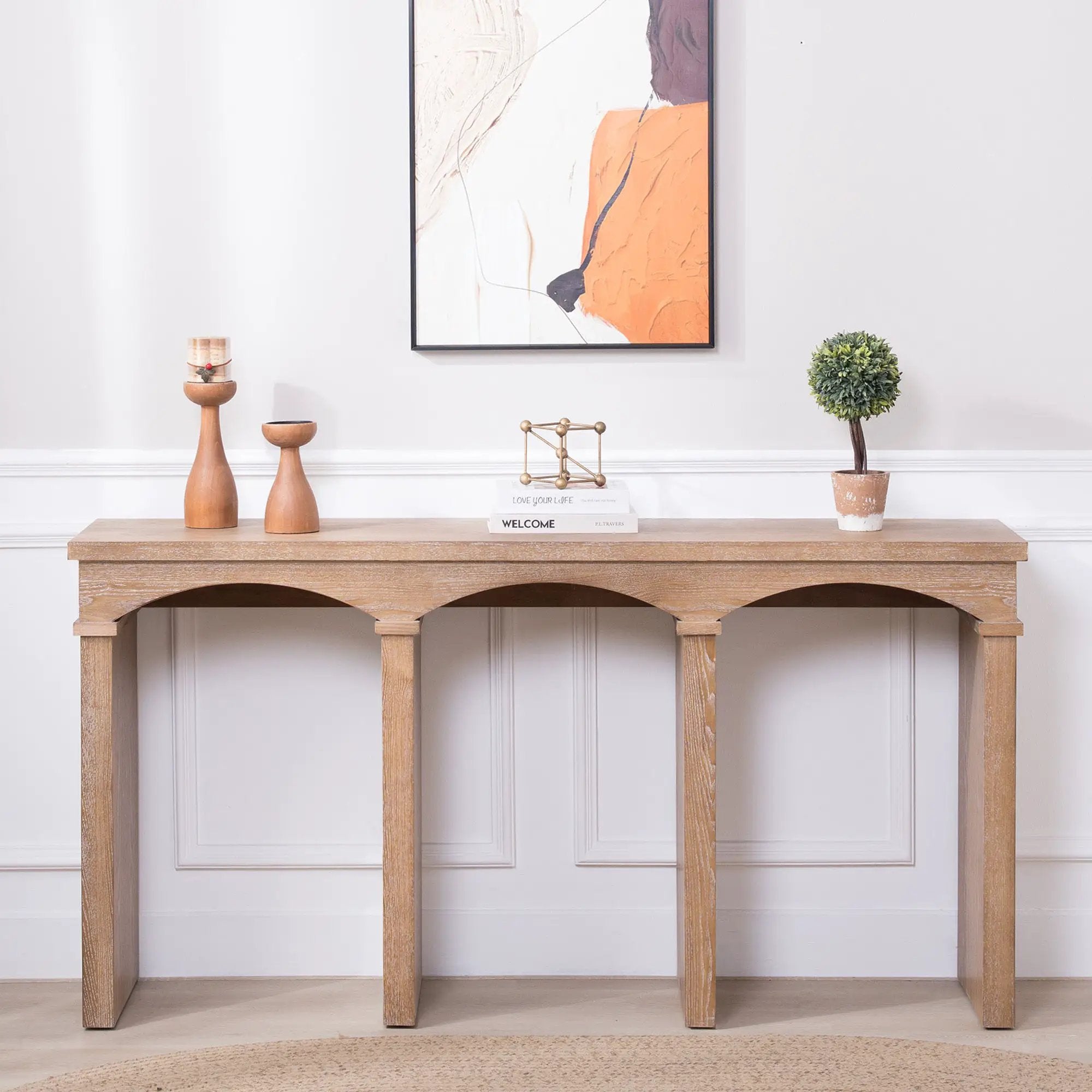 Rustic Archway Console Table – 60'Long Entryway Table with Decorative Arched Legs, Natural Wood Finish, Narrow Sofa Table for Hallway, Living Room, or Foyer