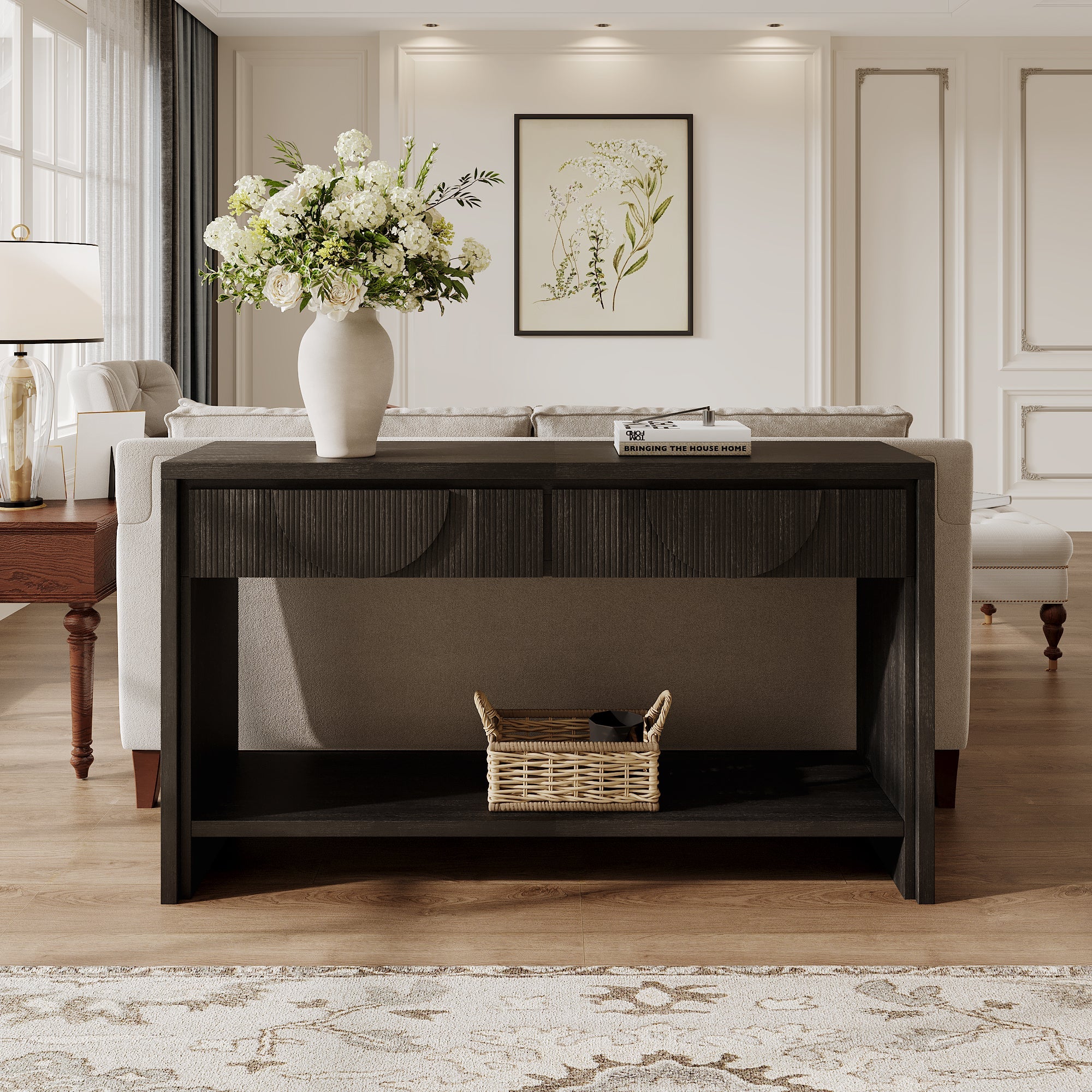 Farmhouse Style Console Table – 55.12' Long Distressed Wood Sofa Table with Storage Drawers & Open Shelf - Black