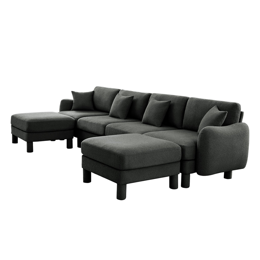 Boucle Fabric U Shape Sectional 4-seater Sofa Couch With Distinctive Shell-shaped Armrests And 2 Movable Ottomans,Cylindrical Legs Wrapped with Self-fabric,Dark Grey  Color