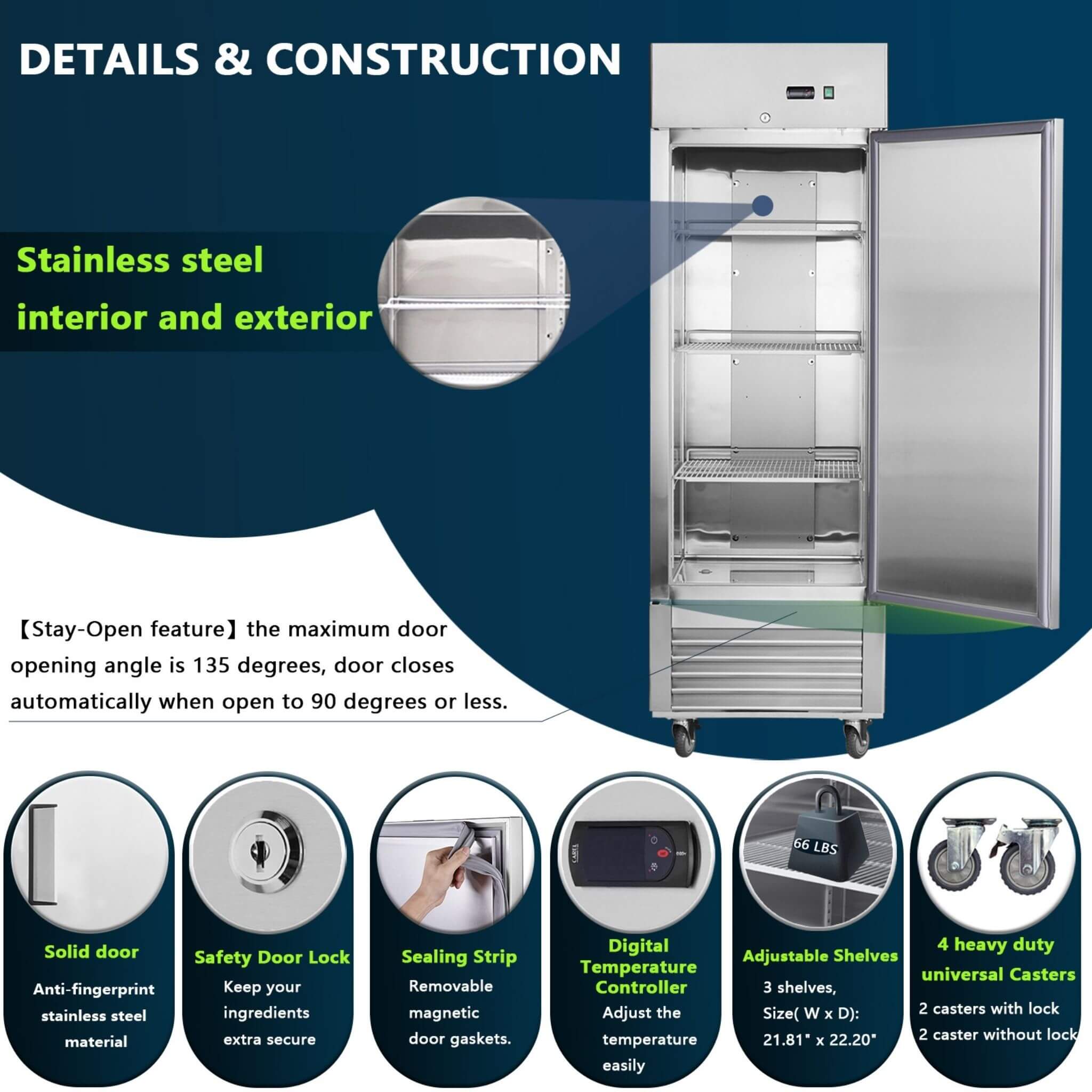 27-Inch 8.7 Cu.Ft Commercial Upright Stainless Steel Reach-In Freezer (SAK43815)