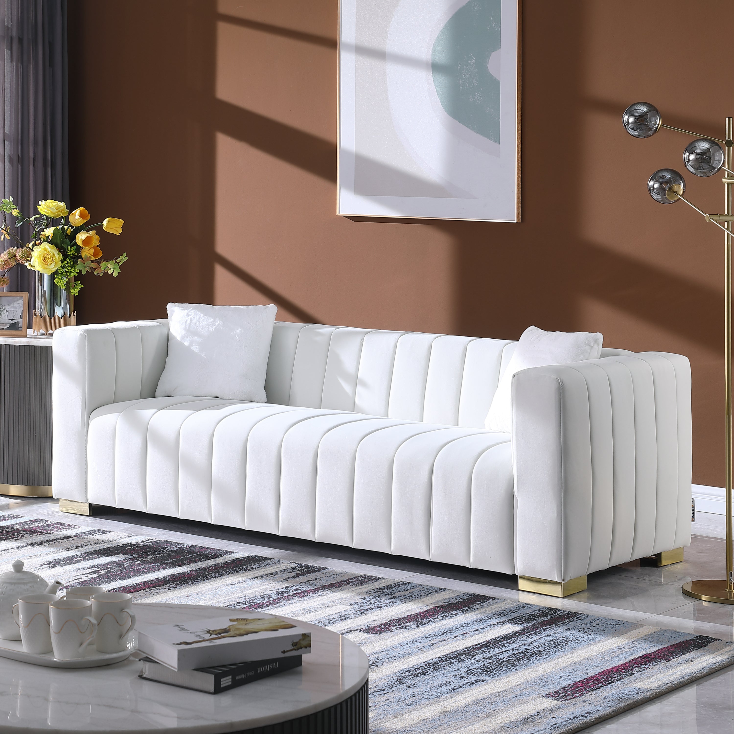 A modern  channel sofa  take on a traditional Chesterfield,White color,3 seater