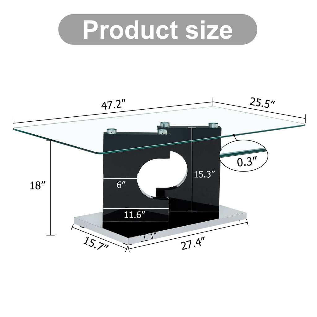A rectangular modern and fashionable coffee table with tempered glass tabletop and black MDF legs. Suitable for living room.47.2"*25.5"*18"