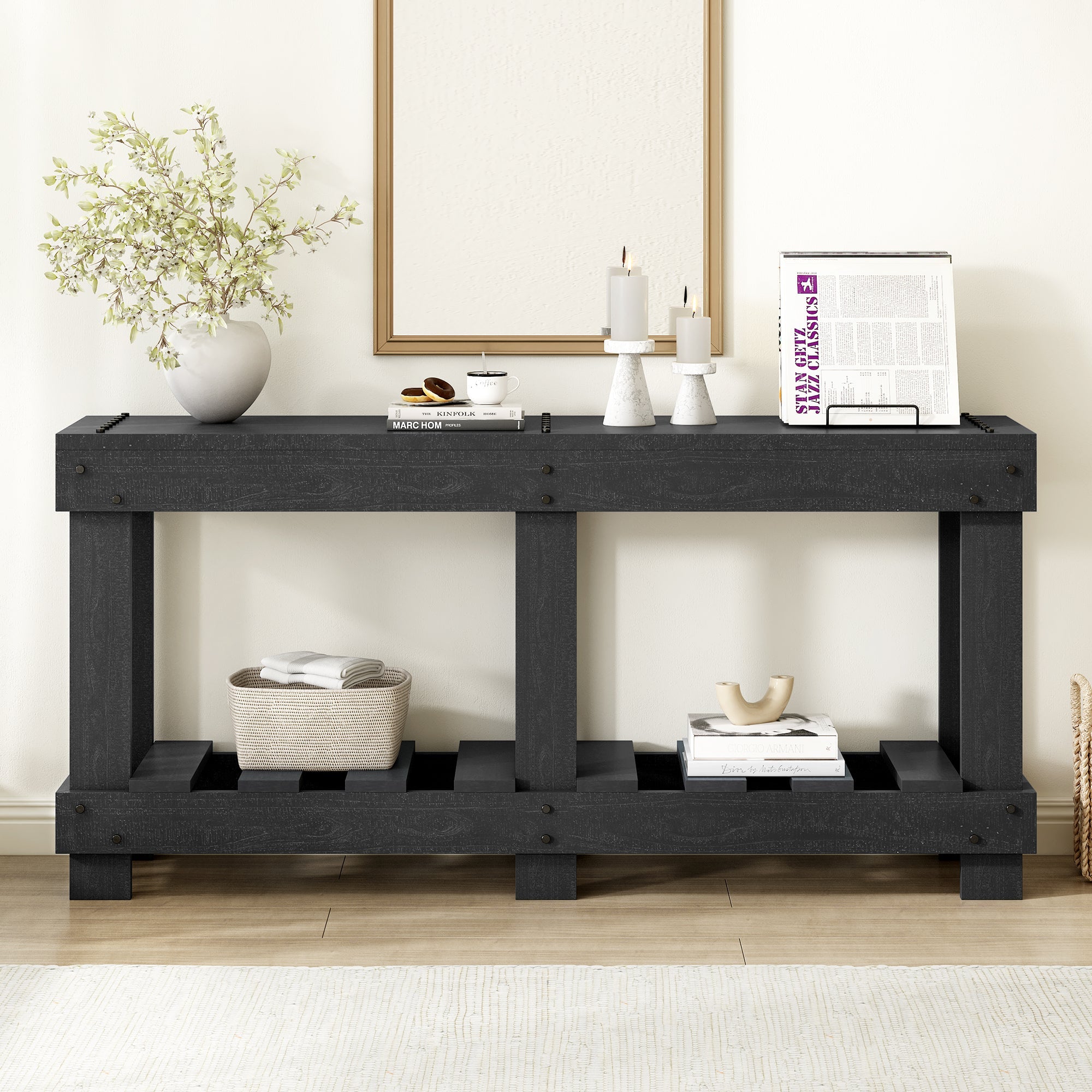 U_Style 62.9' Vintage Entryway Table - Fir Solid Wood with Natural Grain, 6 Reinforced Legs & 4.5' Thick Desktop, Metal Rivet Decor & Plank Under-Shelf, Console Table for Hallway, Living Room