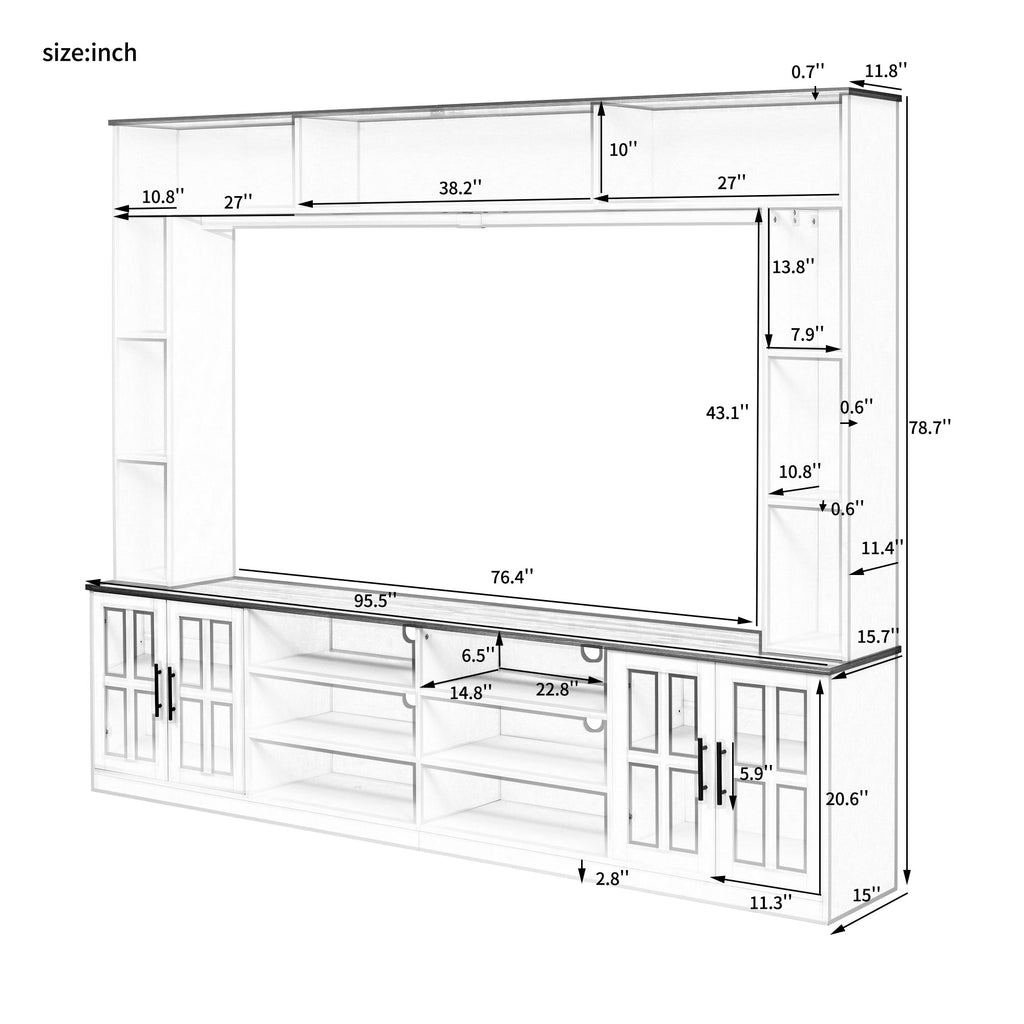 U-Can 95.5' W Wall Unit Entertainment Center with Bookshelves for TVs up to 80', Modern TV Stand Media Console with Cabinets, Tempered Glass Doors and Adjustable Shelves for Living Room