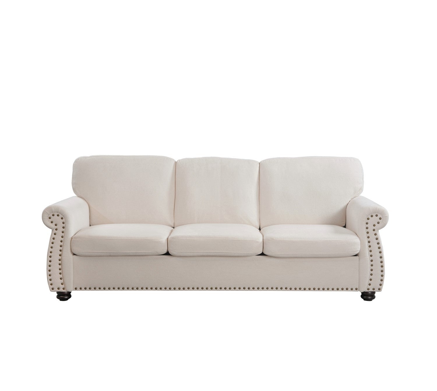 Soft Velvet Sofa, Upholstered 3 Seater Couch with High-Density Foam, Loose Back Cushions and Solid Wood Turned Legs, Chic Living Room Furniture for Home, Apartment and Office, Ivory