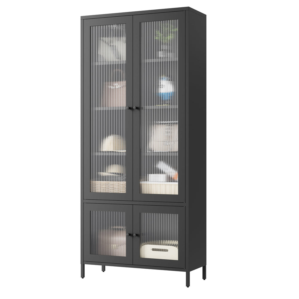 Large Metal Storage Cabinet Display Cabinet with 4 Glass Doors 5 Shelves Side Cabinet Bookcase Freestanding Cabinet for Bedroom Living Room Pantry Home Office - Black, Fluted Tempered Glass