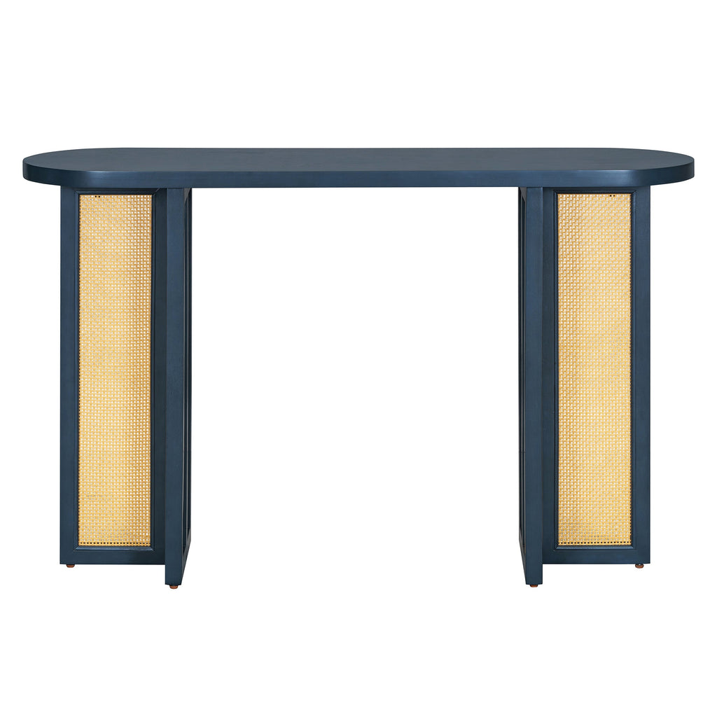 TREXM Farmhouse Rattan Console Table Entryway Table, Narrow Console Table with Storage, Hallway Table for Living Room, Entrance (Navy)