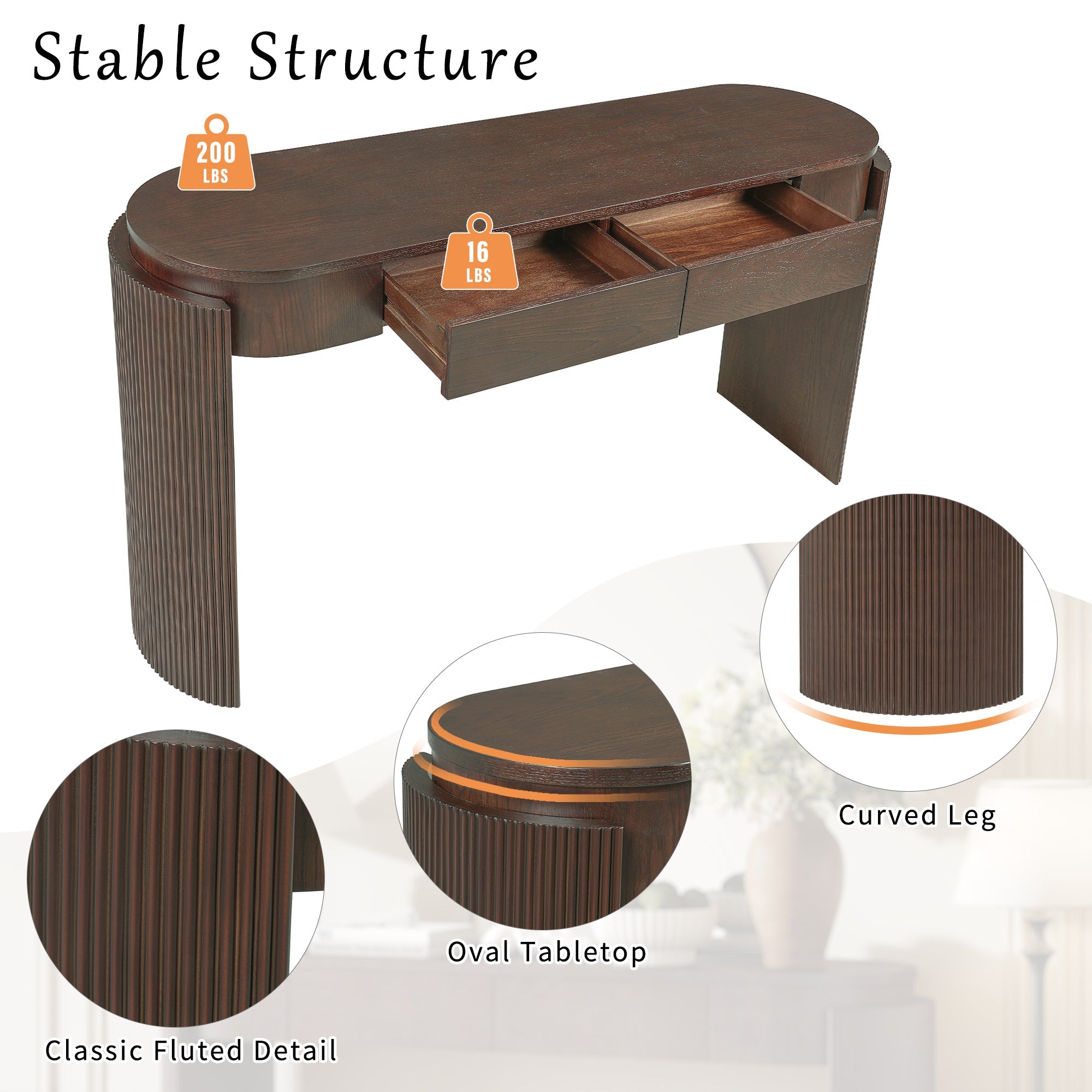 TREXM Entryway Table with Natural Wood Grain Finish, Console Table with Fluted Design, Oval Top and 2 Drawers for Entryway and Living Room (Espresso)