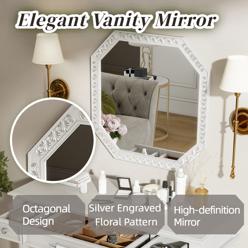 Retro Makeup Desk with Large Mirror, 3-Drawer Dressing Table for Jewelry Storage, Elegant Console Table for Bedroom, Living Room, Hallway & Foyer,White